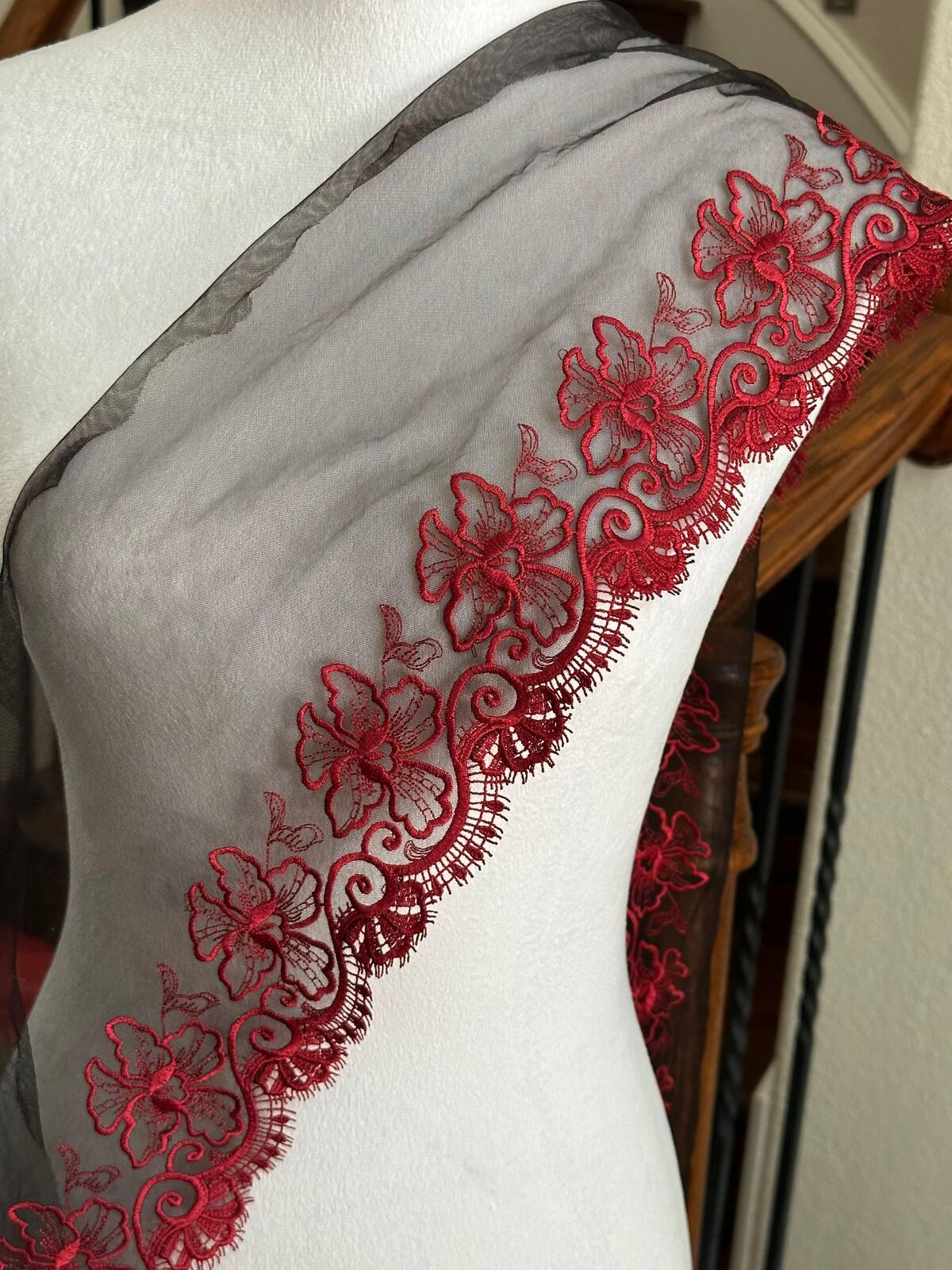 Crimson Red Floral Embroidered Organza Mesh Eyelash Lace Trim, 3" Floral 7" Total Wide Tulle Scalloped Ribbon, Retail Wholesale Bulk