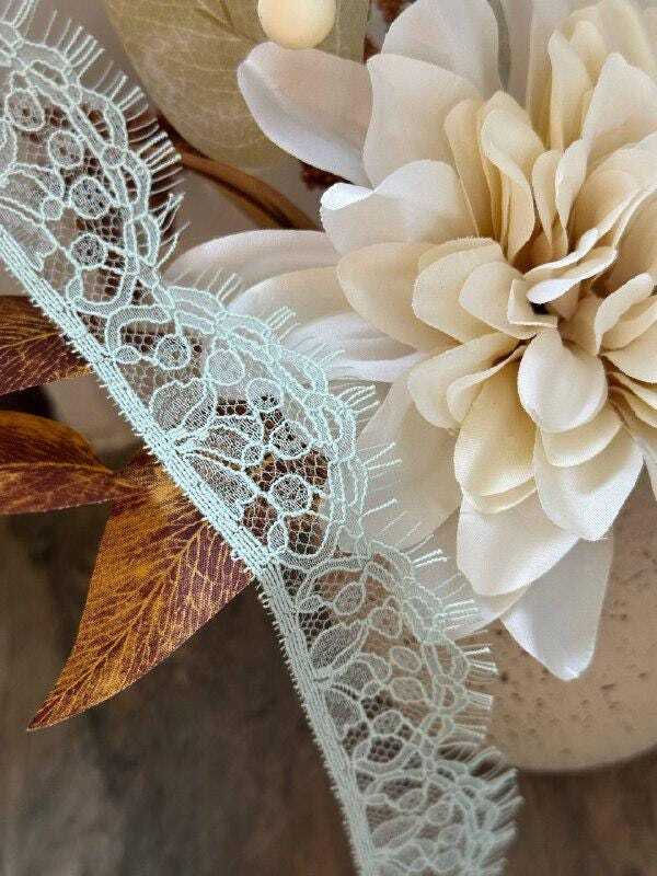 Sage Foam Green Floral Eyelash Lace Trim, 1.5 Yard Piece, Delicate Scalloped Eyelash Ribbon for Crafts, 1.25", Retail Wholesale Bulk