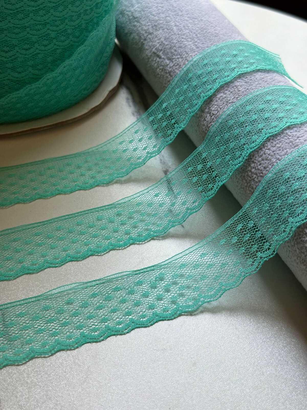 10yds Mint Green Polka Dot Mesh Lace Trim by the Yard, Narrow Sheer Point d'Esprit Scalloped Ribbon for Lingerie Crafts, 1.1"