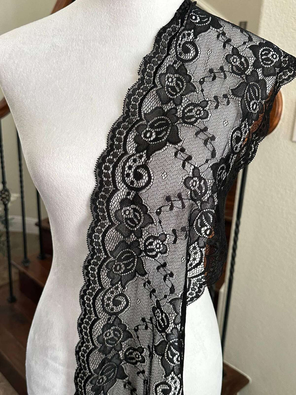 Black Floral Wide Slight Stretch Lace Trim, Gentle Elastic Ribbon, Coquette Craft Supply, 7.5", Retail Wholesale Bulk