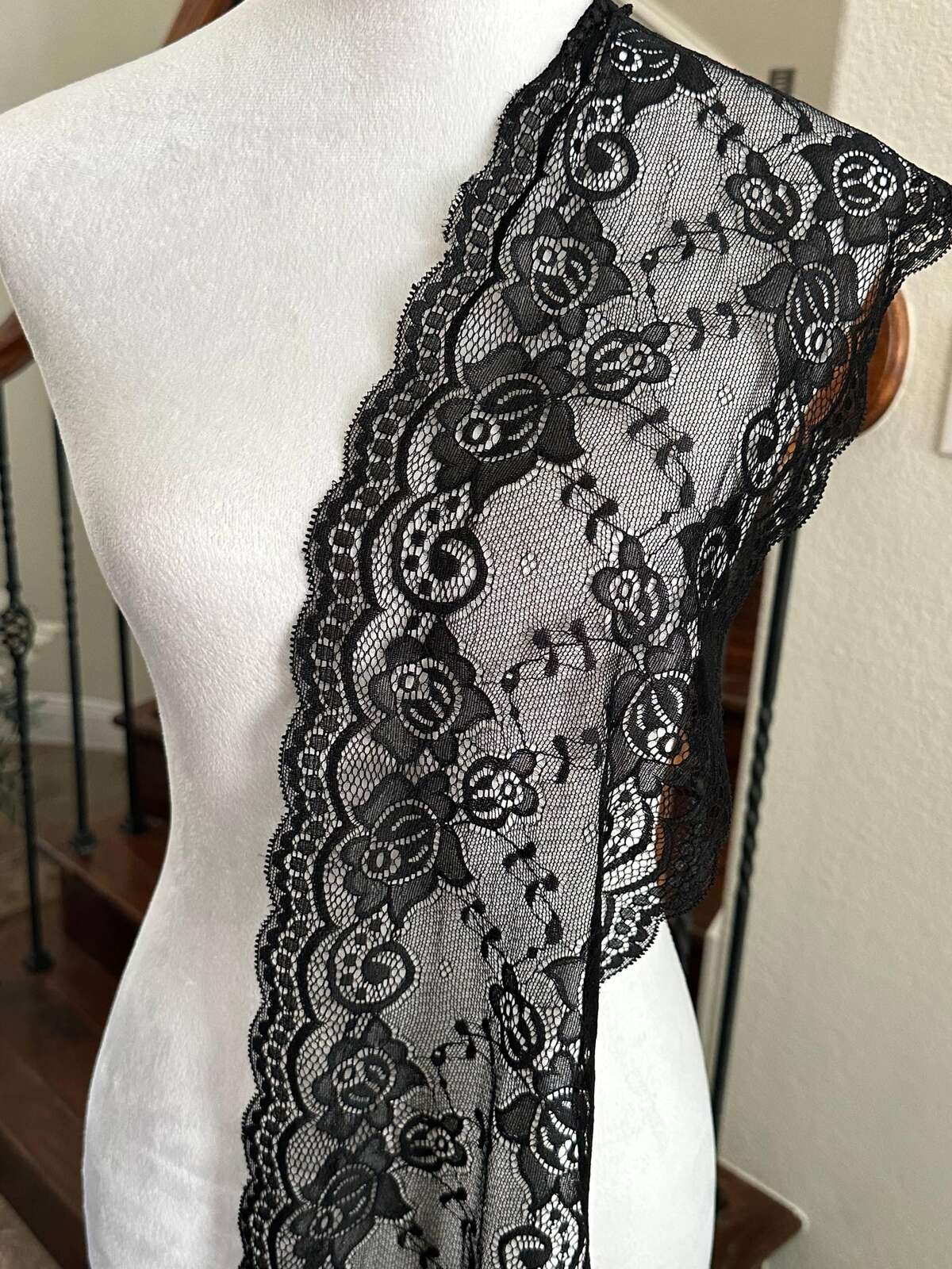 Black Floral Wide Slight Stretch Lace Trim, Gentle Elastic Ribbon, Coquette Craft Supply, 7.5", Retail Wholesale Bulk