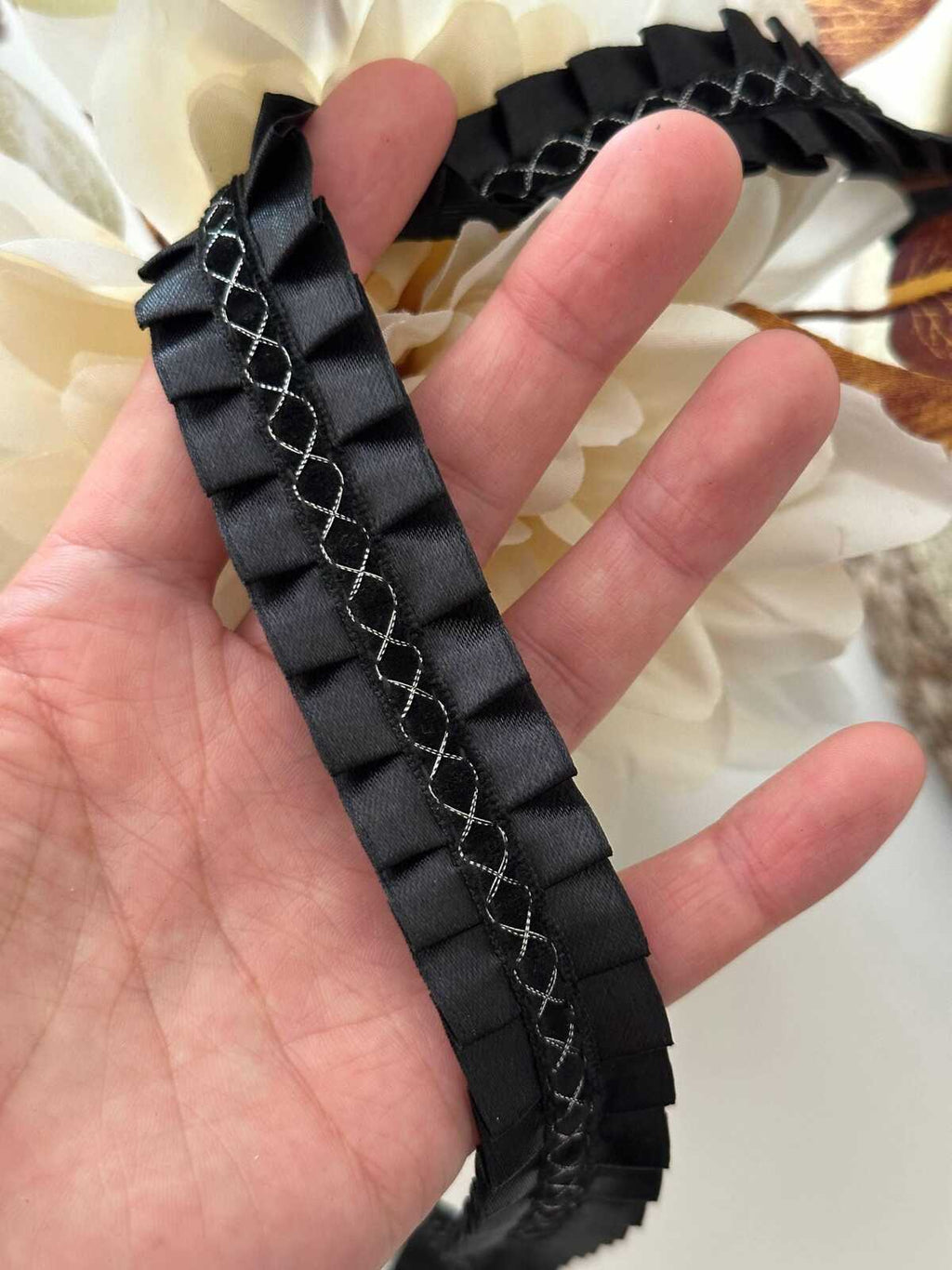 5Yds Black Box Pleated Satin Lace, 0.95" Silver Stitch Ribbon, Bulk Clearance Coquette Y2K Lace, Garment Trim, DIY Sewing, Retail Wholesale