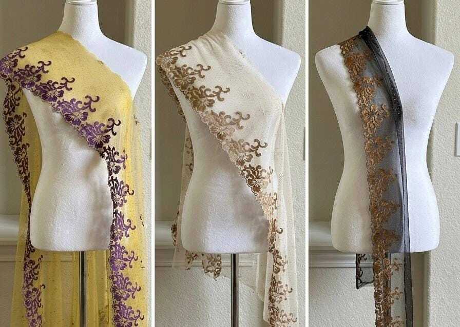 Glitter Gold Soft Mesh Embroidered Trim, Heavy Scalloped Floral Lace Fabric, 4 Inch Embroidery Border for Lolita Dress Ruffle, By The Yard