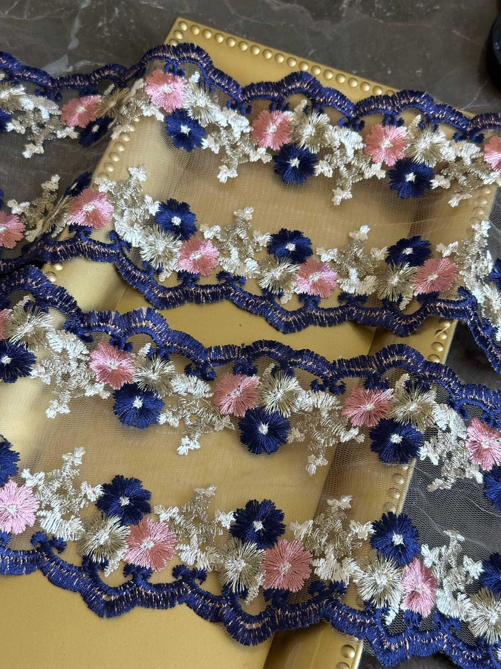 4.5" Navy & Pink Floral Embroidered Organza Lace Trim by the Yard, Heavy Craft Scalloped Double Edged Lace for Lolita Dress, Victorian Craft