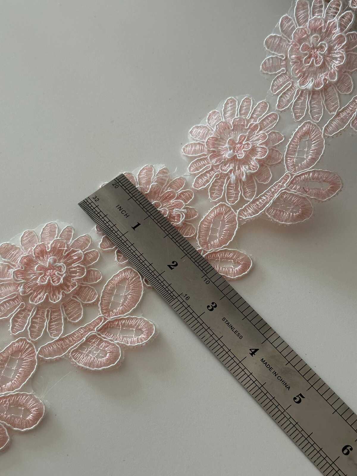 1Yard Pink Corded Floral Lace Trim, 2.5" 3D Embroidered Ribbon, Bulk Clearance Coquette Y2K Lace, Garment Trim, DIY Sewing, Retail Wholesale
