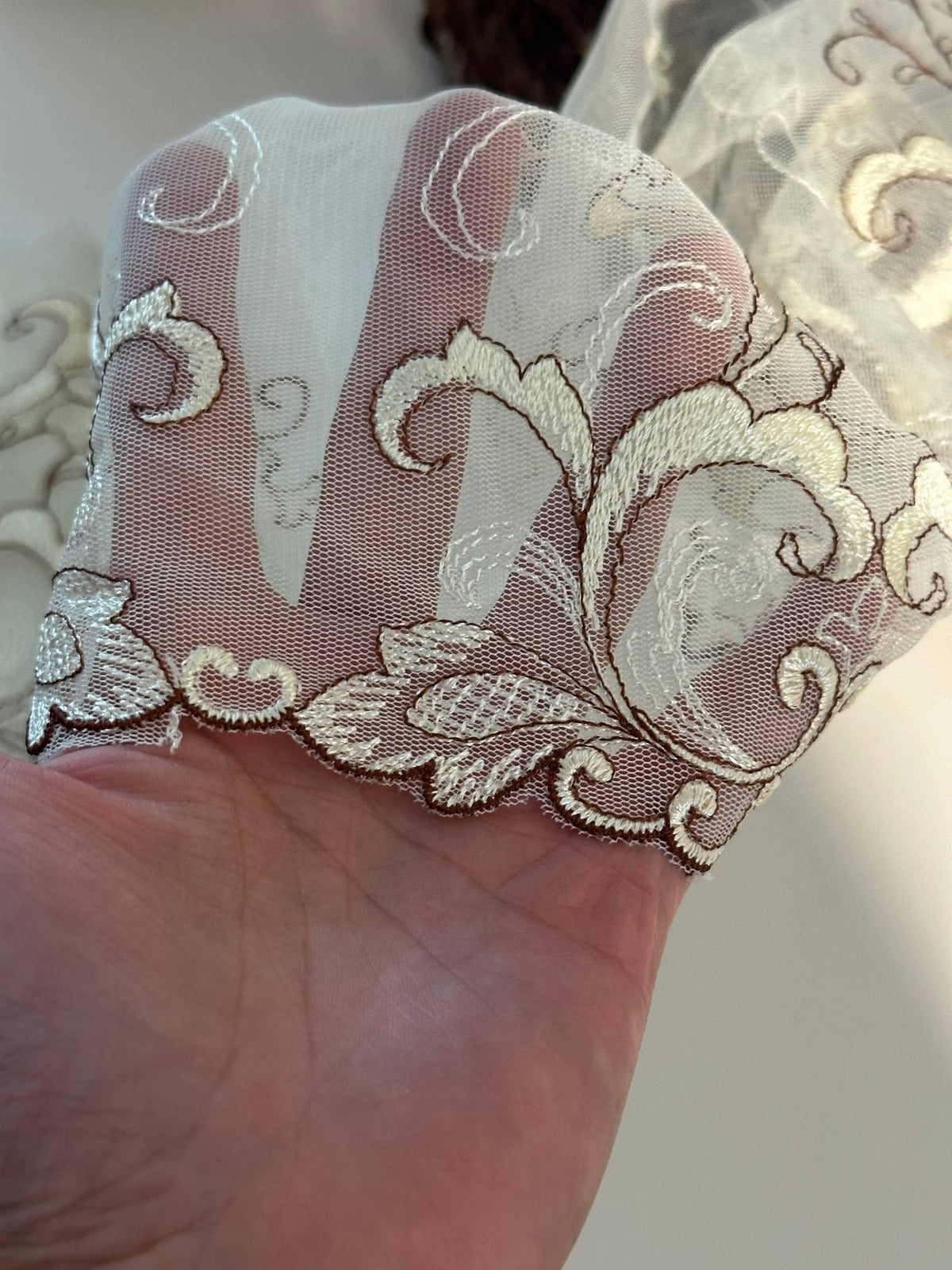 1Yd  9" Cream Beige Floral Embroidered Tulle Mesh Lace Trim, Wholesale
