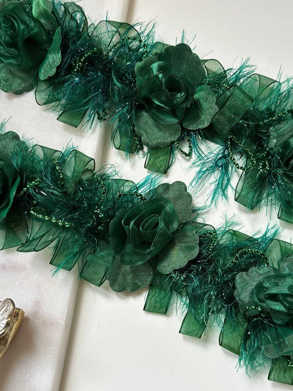 Emerald Green 3D Organza Rose Feather Beaded Trim, Wide Ribbon Garland, Coquette Craft Supply, 3", Retail Wholesale Bulk