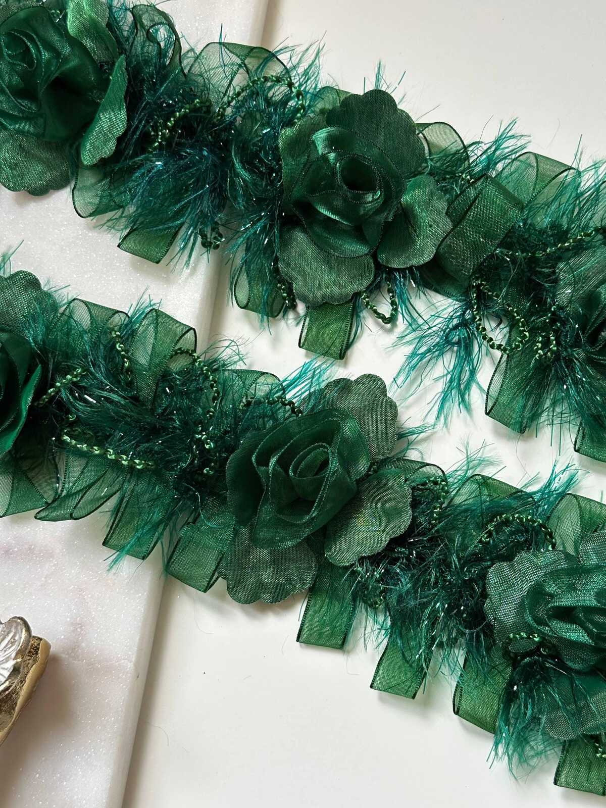 Emerald Green 3D Organza Rose Feather Beaded Trim, Wide Ribbon Garland, Coquette Craft Supply, 3", Retail Wholesale Bulk