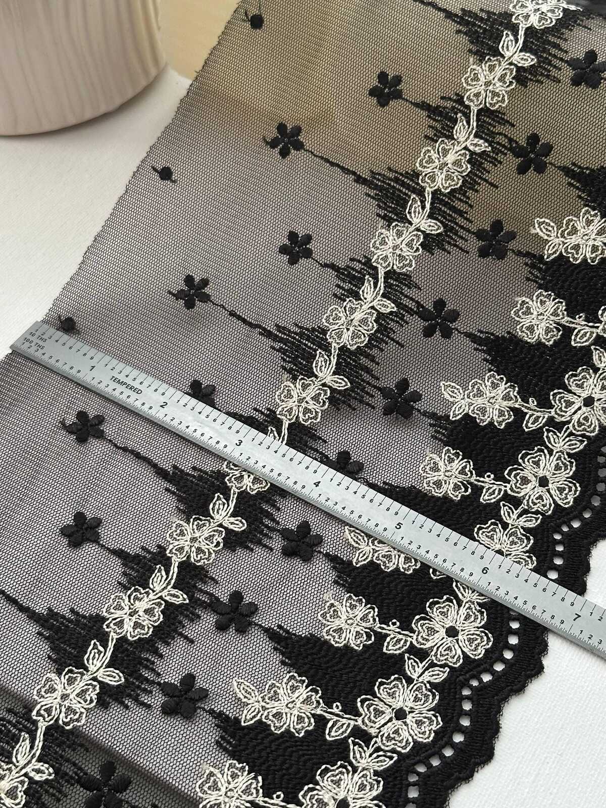 1Yd Non-Stretch 6.9" Black Off-White Floral Embroidered Mesh Lace Wholesale