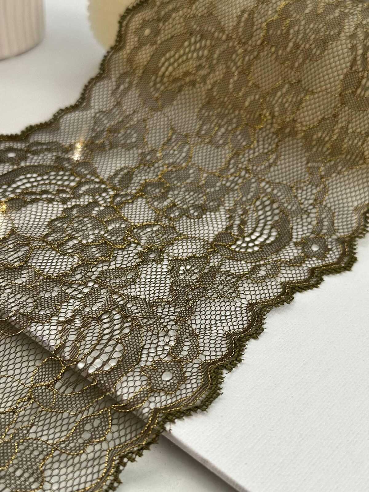 5Yds Non-Stretch 5.9" Olive Green Gold Metallic Floral Mesh Lace Wholesale