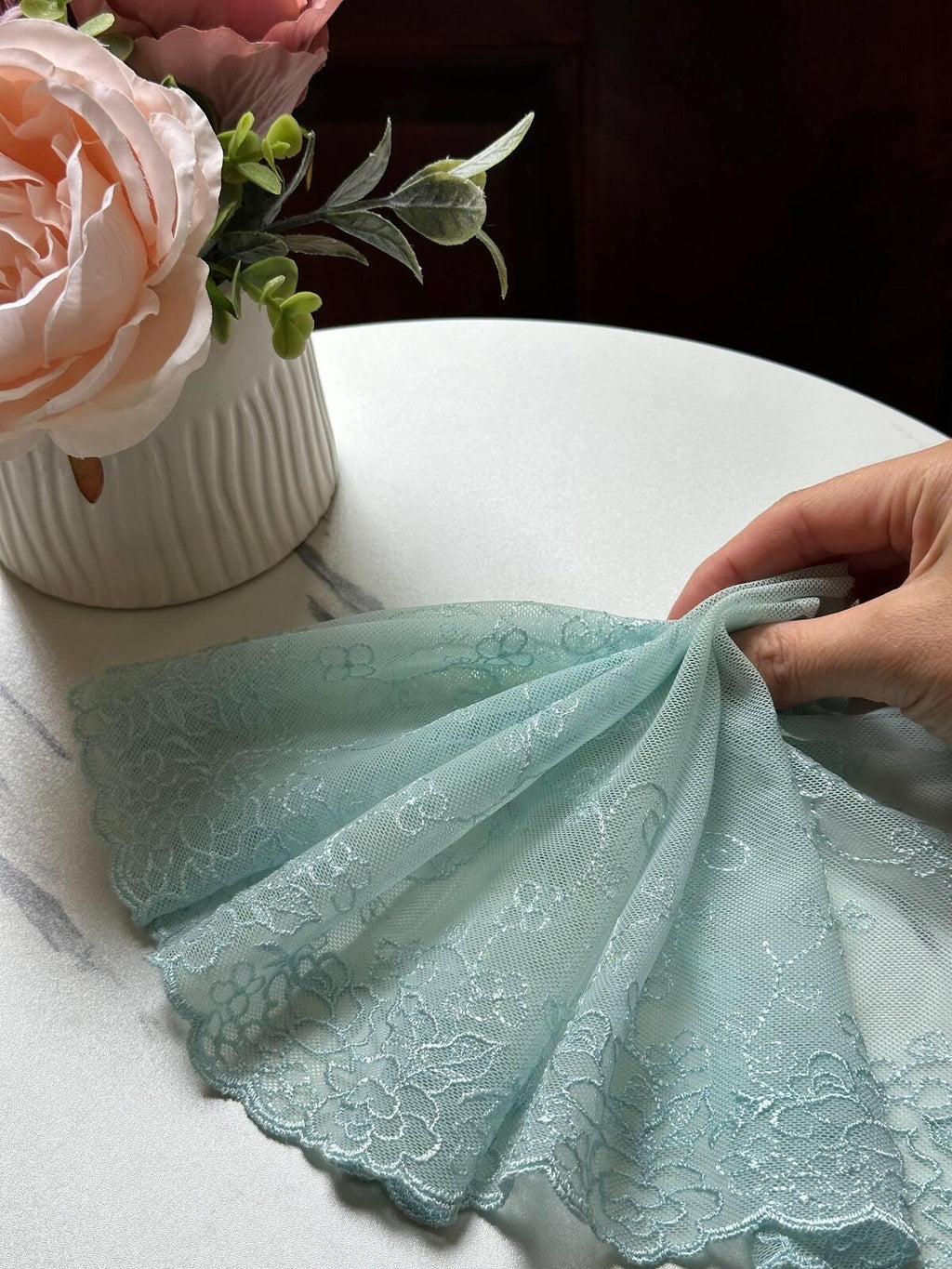 Mint Green Embroidered Tulle Lace Trim, Ultra Soft Sheer Mesh Ribbon, Coquette Craft Supply, 7", Retail Wholesale Bulk