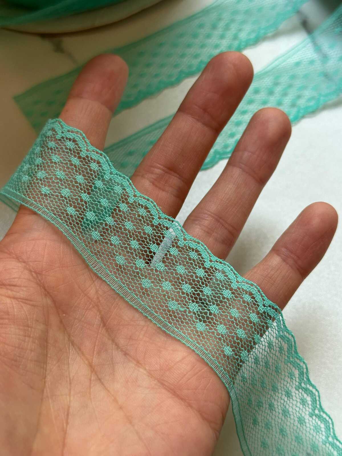10yds Mint Green Polka Dot Mesh Lace Trim by the Yard, Narrow Sheer Point d'Esprit Scalloped Ribbon for Lingerie Crafts, 1.1"