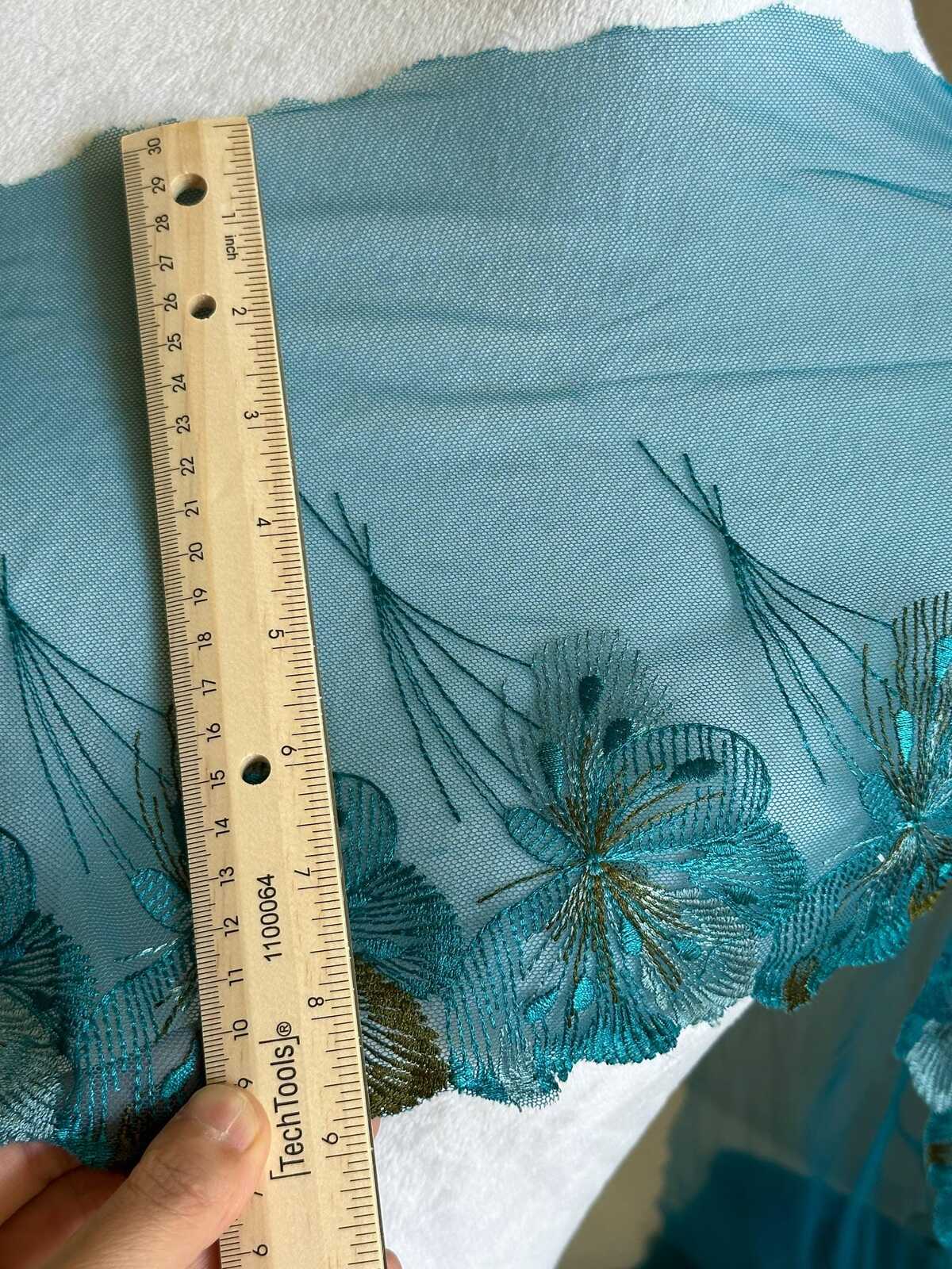Peacock Blue Soft Mesh Embroidered Lace Trim by the Yard, Wide Scalloped Floral Tulle Ribbon for Bridal Gowns Lingerie, 8.5"
