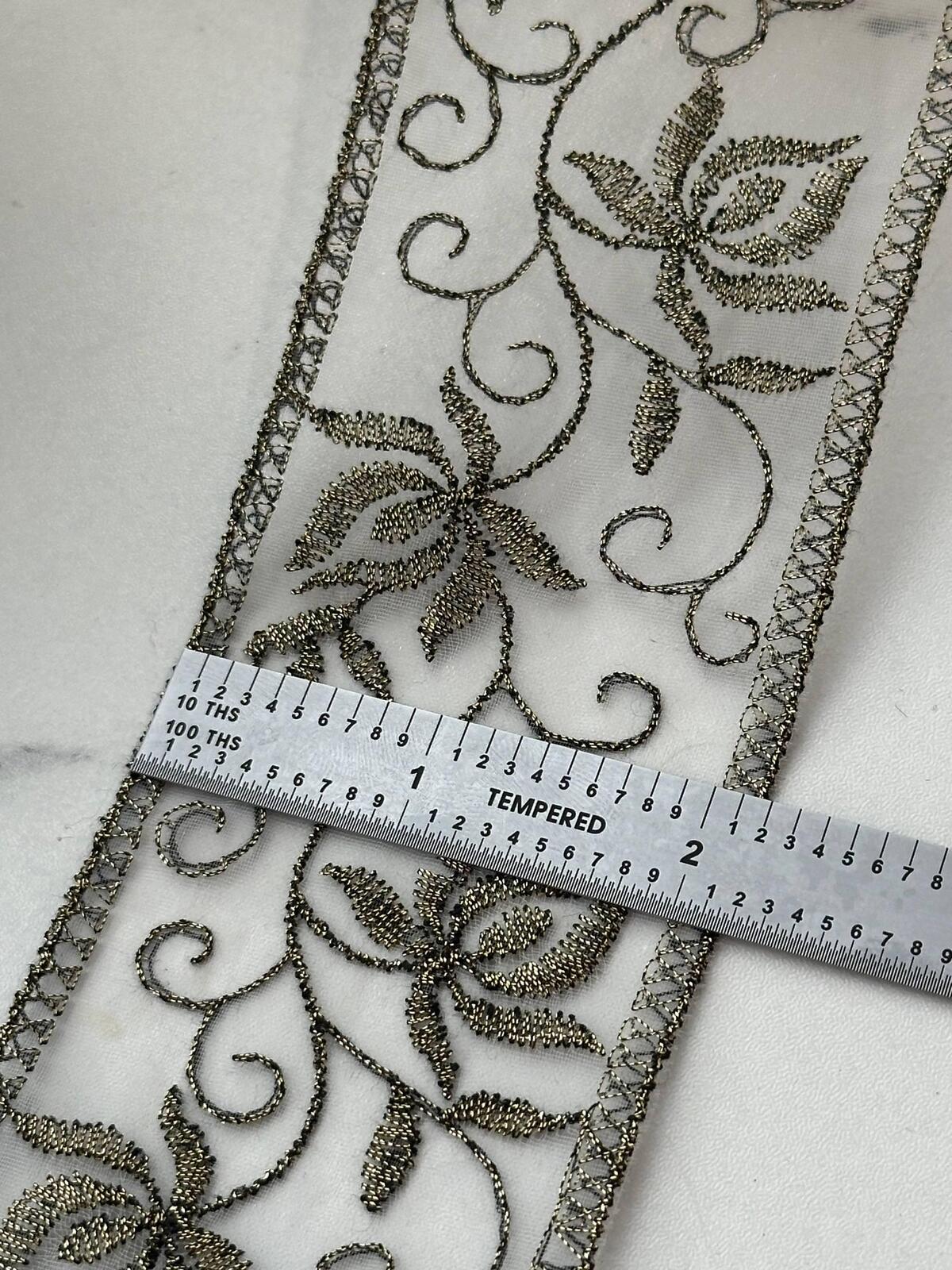 5Yds Non-Stretch 2.15" Antique Gold Floral Organza Embroidered Lace Trim