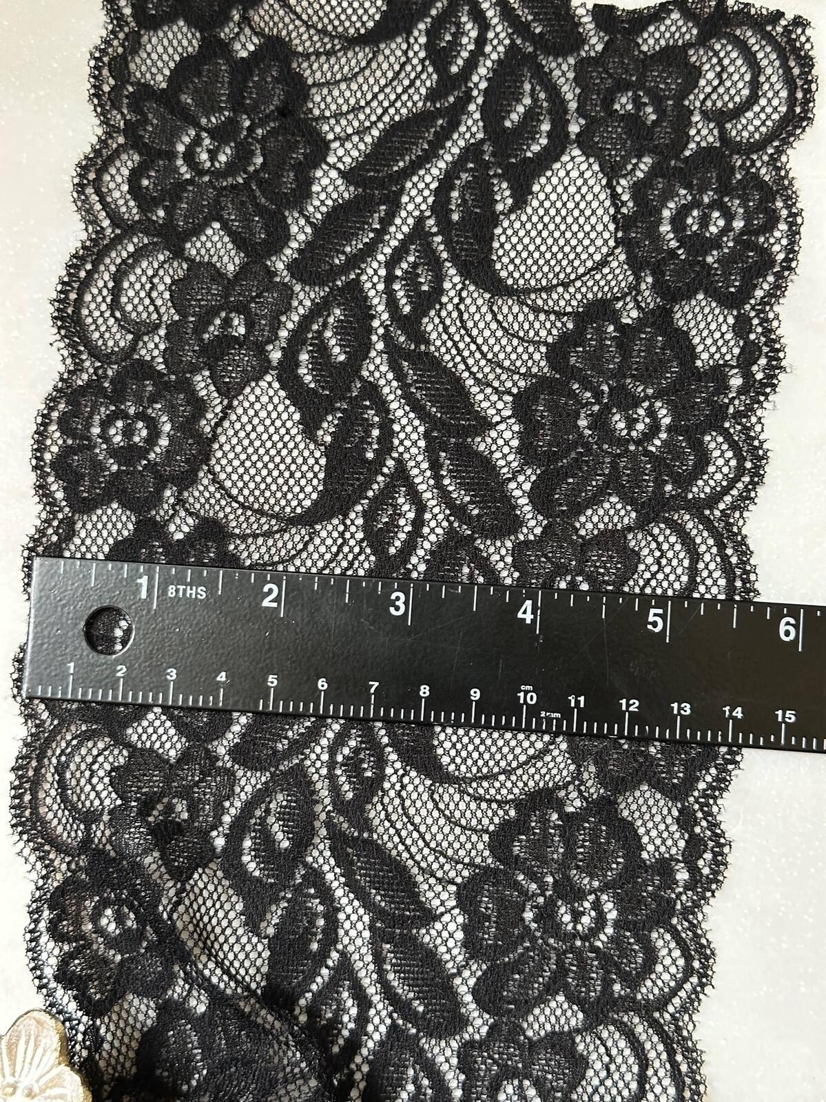 Classic Black Floral Wide Stretch Lace Trim by the Yard, Scalloped Elastic Ribbon for Coquette Crafts, 5.5", Retail Wholesale Bulk