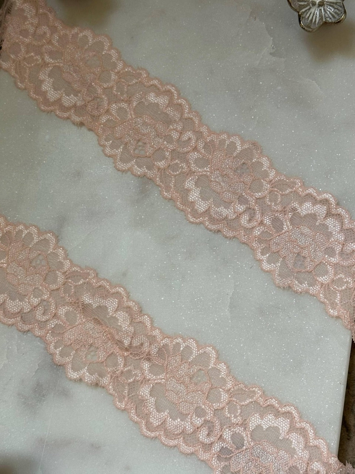 10yds Soft Sheer Peach Pink Floral Stretch Lace Trim by the Yard, Lightweight Scalloped Elastic Ribbon for Crafts, 1.85", Retail Wholesale