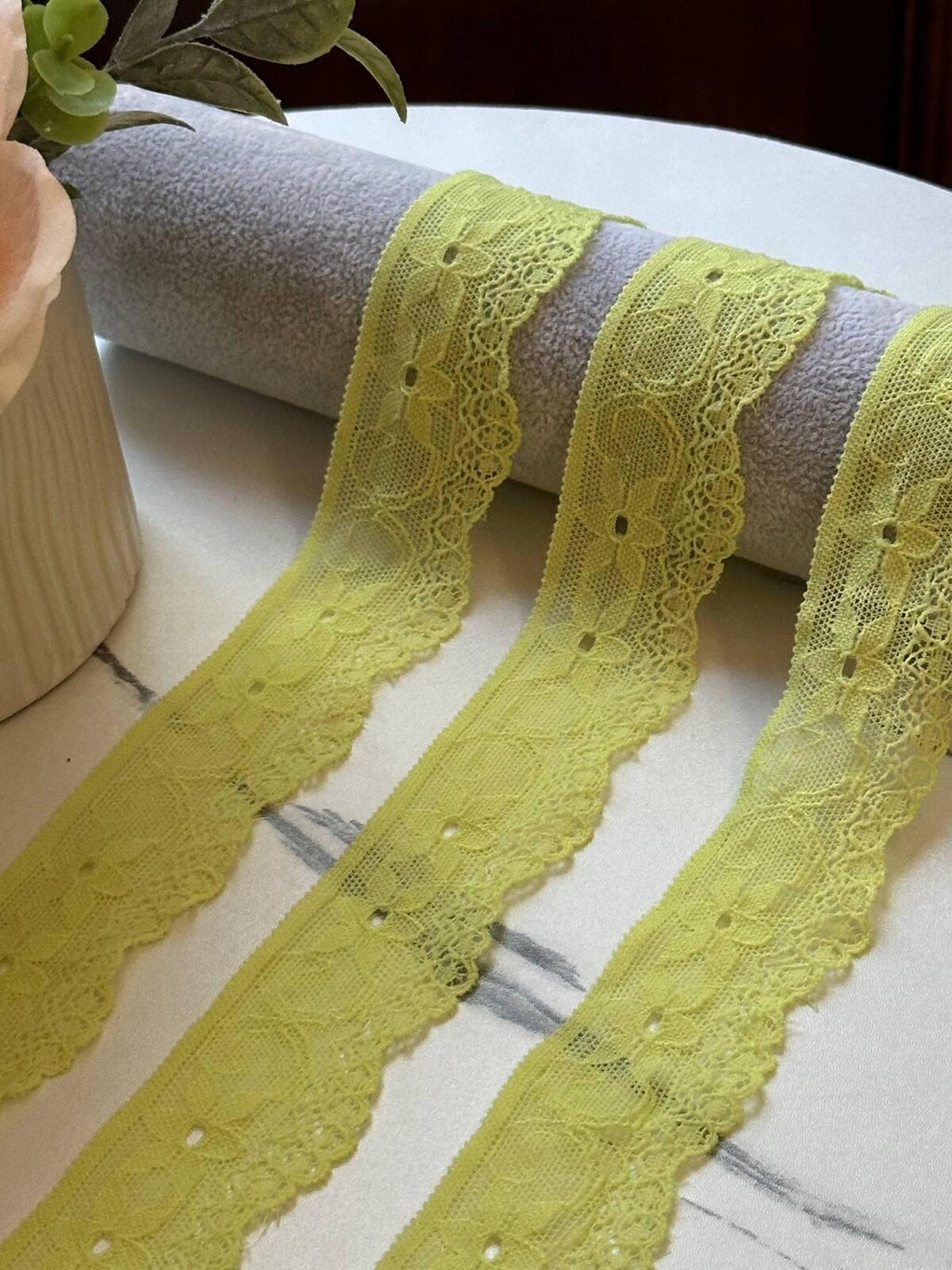 10yds Soft Greenish Lemon Yellow Floral Stretch Lace Trim by the Yard, Ultra Soft Elastic Ribbon for Coquette Crafts, 1.35" Retail Wholesale