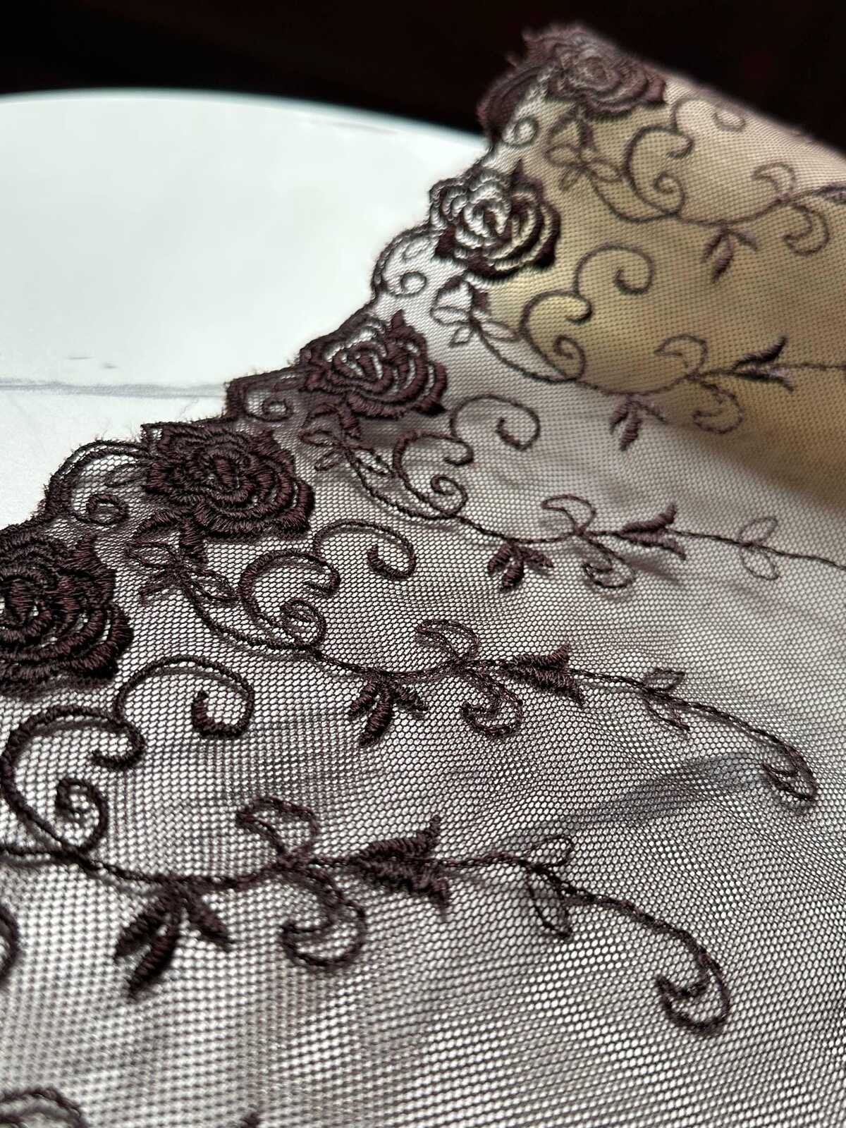 Espresso Brown Rose Embroidered Tulle Mesh Lace Trim by the Yard, Soft Wide Sheer Floral Ribbon for Lingerie Bridal Veil, 6"