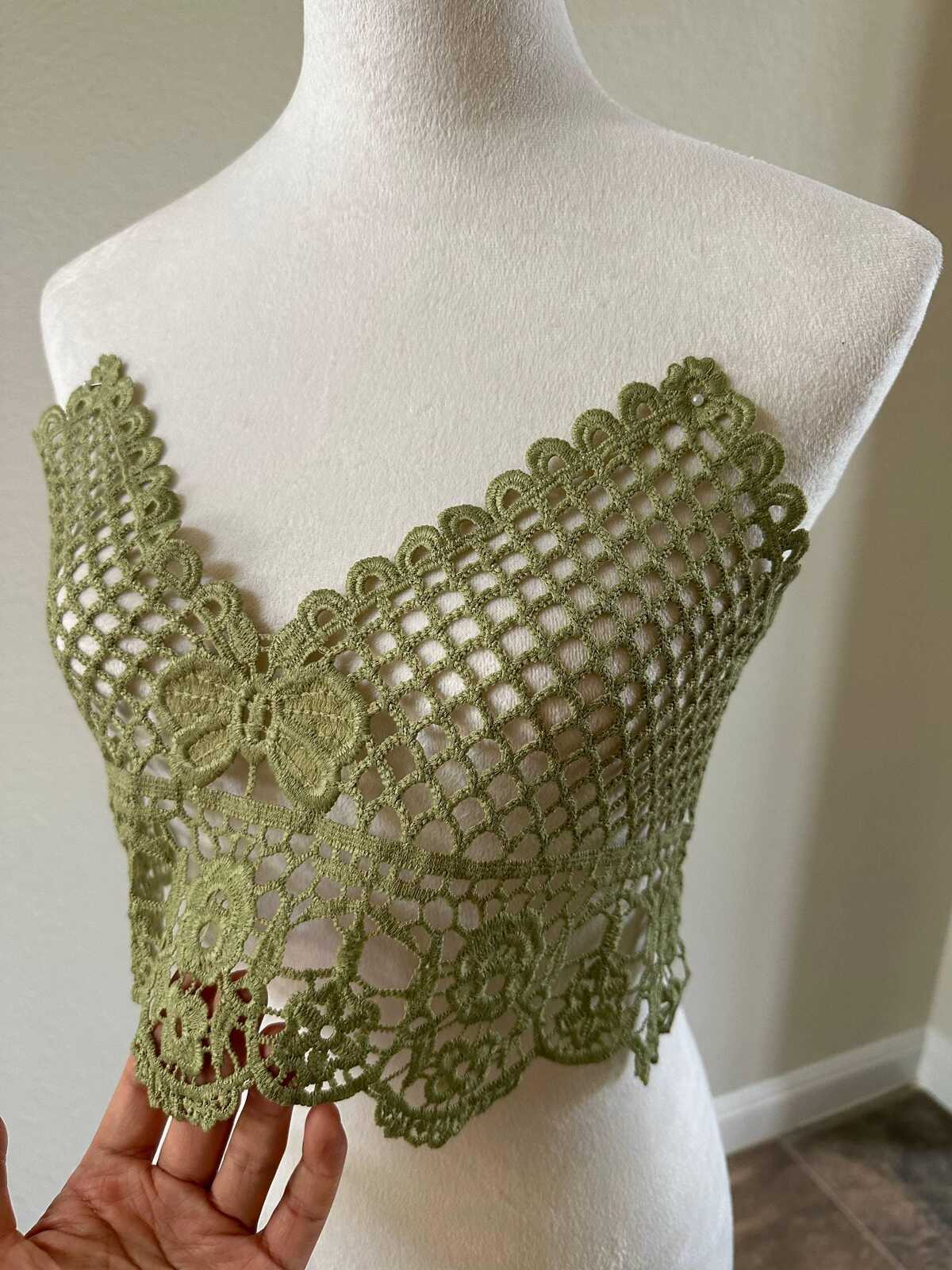 Muted Sage Green Guipure Water Soluble Lace Bodice Applique Motif Butterfly Floral Embroidered Front Panel for Camisole Blouse Sewing, 18"