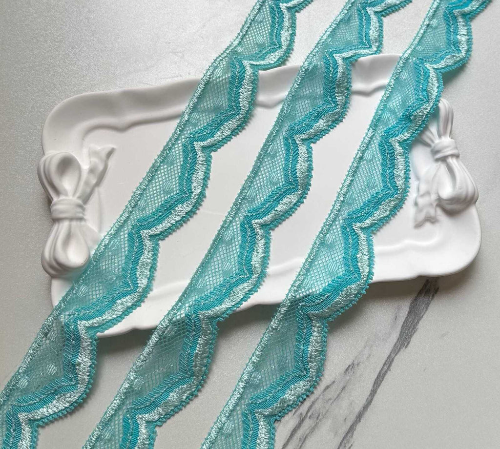 10yds Mint Aqua Turquoise Swiss Dot Elastic Stretch Lace Trim Symmetrical Double Scalloped Narrow Ribbon for  Crafts Sewing, 1.1"  Wholesale