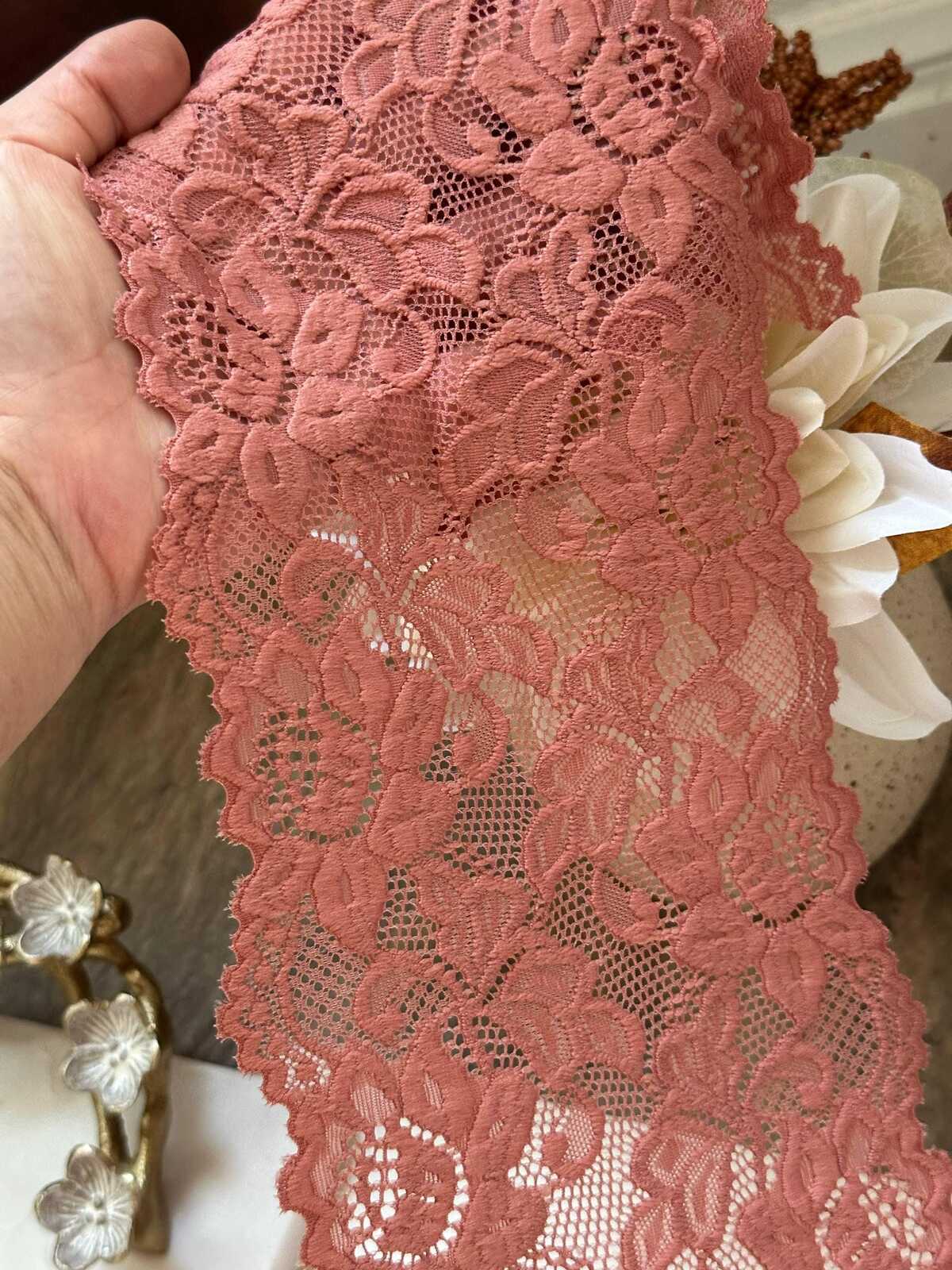 Dusty Rose Wide Lace Trim by Yard, 5" Floral Elastic Ribbon, Coquette Y2K Lace, Lingerie Lace, DIY Sewing Craft, Retail Wholesale