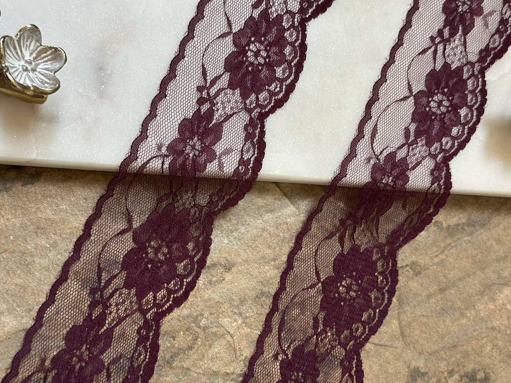 10yds Burgundy Floral Lace Trim by Yard, Non Stretch Drape Ribbon, Soft Skin Friendly Coquette Craft Supply, 2", Retail Wholesale Bulk