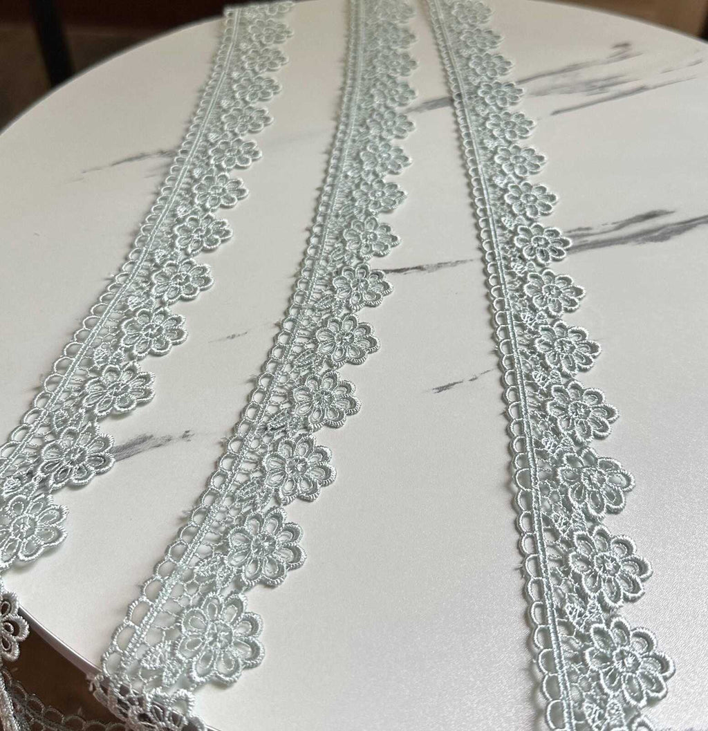 Sage Green Beading Daisies Venetian Guipure Chemical Water Soluble Lace Trim Ribbon Insertable Openwork Scalloped Edge Border Crafts, 1.25"