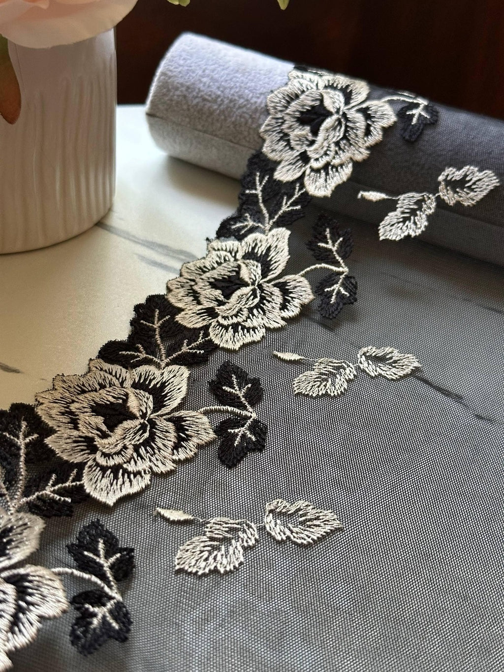 Black Ivory Embroidered Mesh Lace Trim, Extra Wide Tulle Border Ribbon, Coquette Craft Supply, 9", Retail Wholesale Bulk