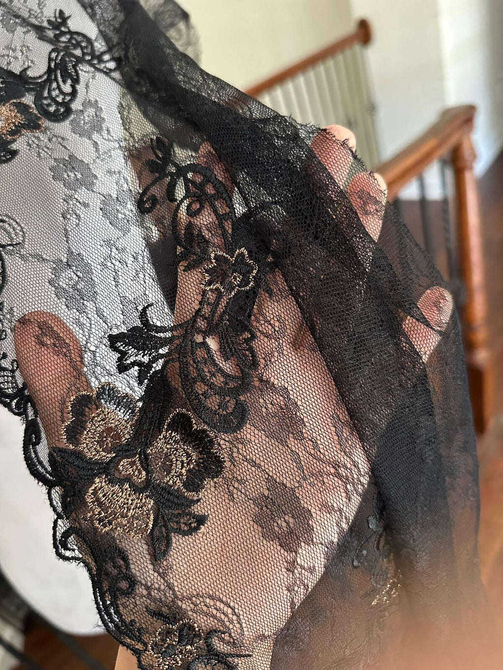 1Yd Non-Stretch 10" Black Floral Chantilly Embroidered Lace Trim, Wholesale