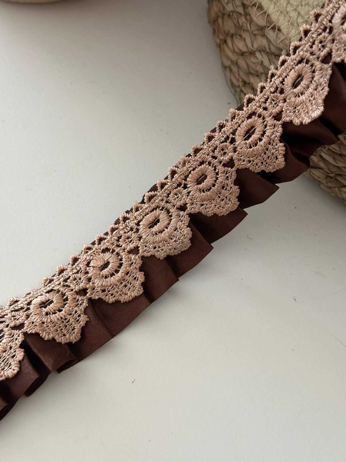 5Yds Non-Stretch 1.4" Brown Pleated Satin Water Soluble Lace Trim, Wholesale