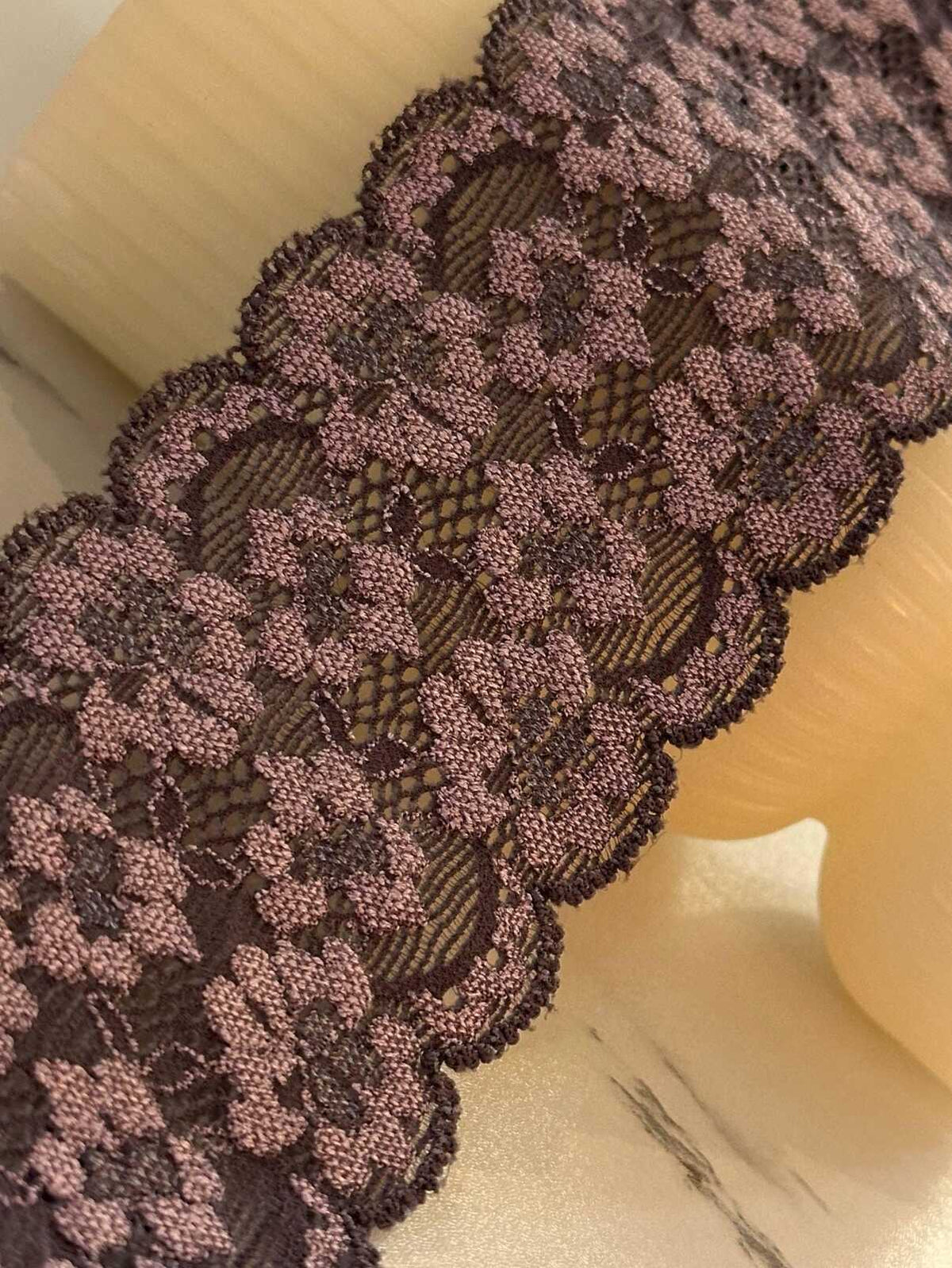 Two Tone Charcoal Black & Dusty Mauve Floral Stretch Elastic Lace Trim Symmetrical Double Scalloped Galloon Ribbon for Lingerie Crafts 2.25"