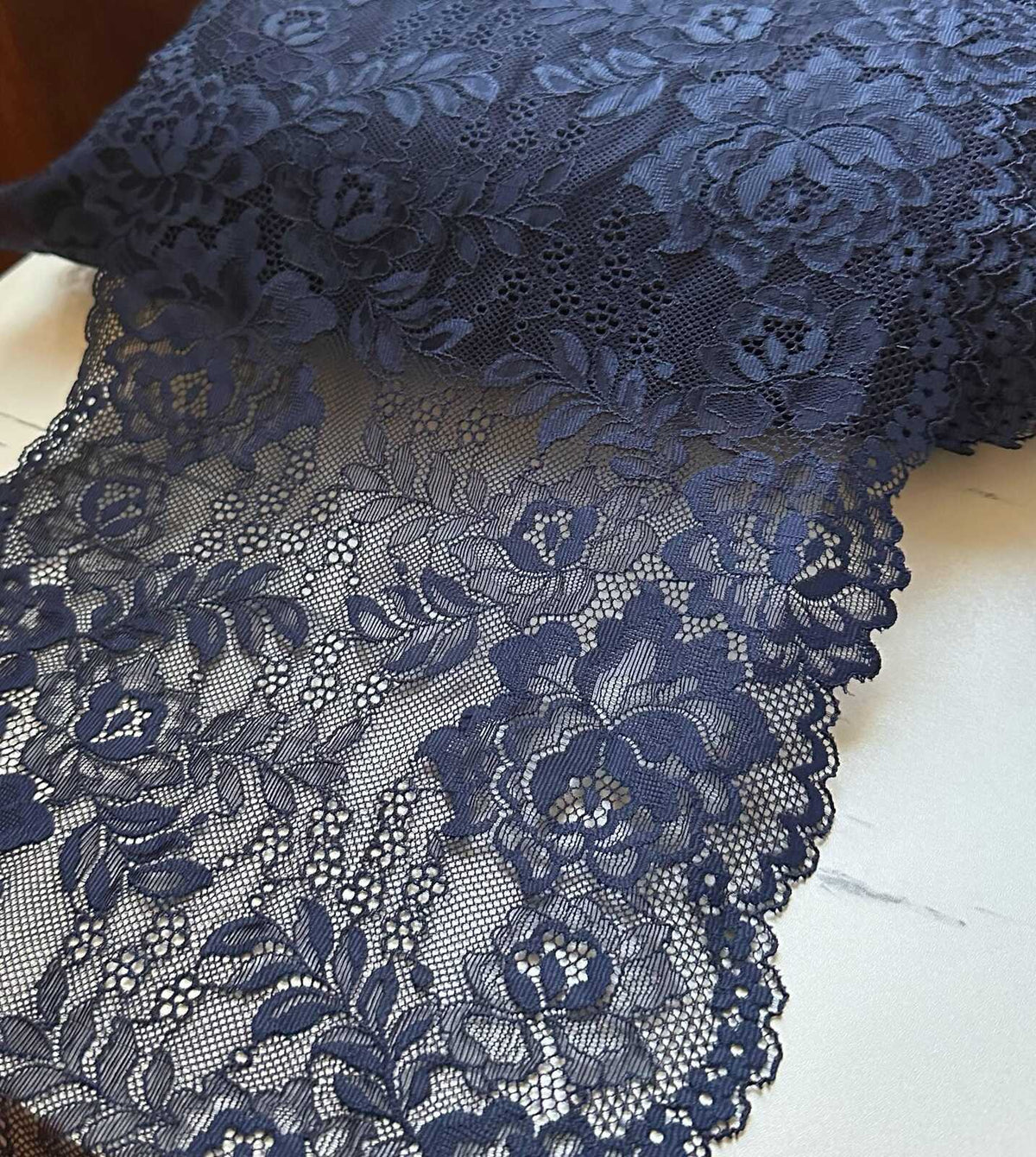 Navy Blue Floral Stretch Lace Trim by the Yard, Extra Wide Scalloped Elastic Ribbon for Lingerie Apparel, 9"