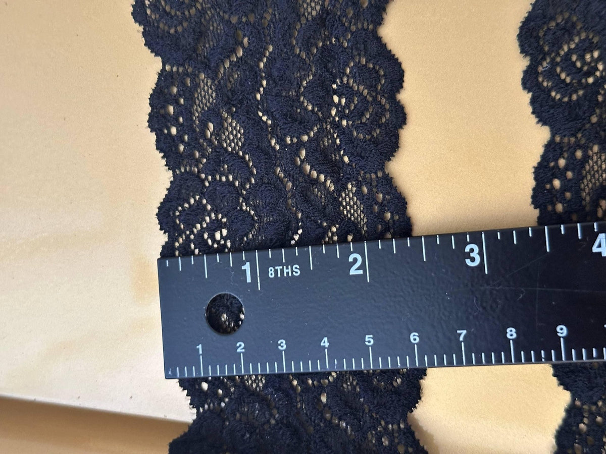 3yard,2.3" Black Stretch Lace Trim by the Yard, Soft Floral Elastic Double Scalloped Lace for Gothic Lolita, Lingerie, Choker, Doll Clothes