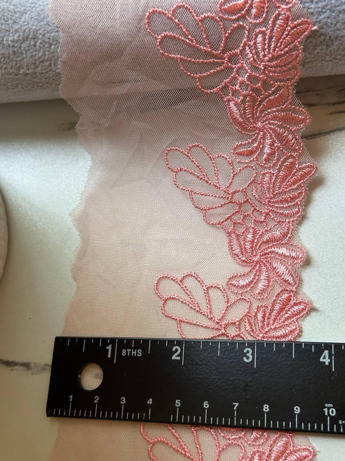 Soft Peach Pink Floral Embroidered Mesh Lace Trim, 2" Floral 3.5" Total Wide Sheer Scalloped Ribbon, Retail Wholesale Bulk