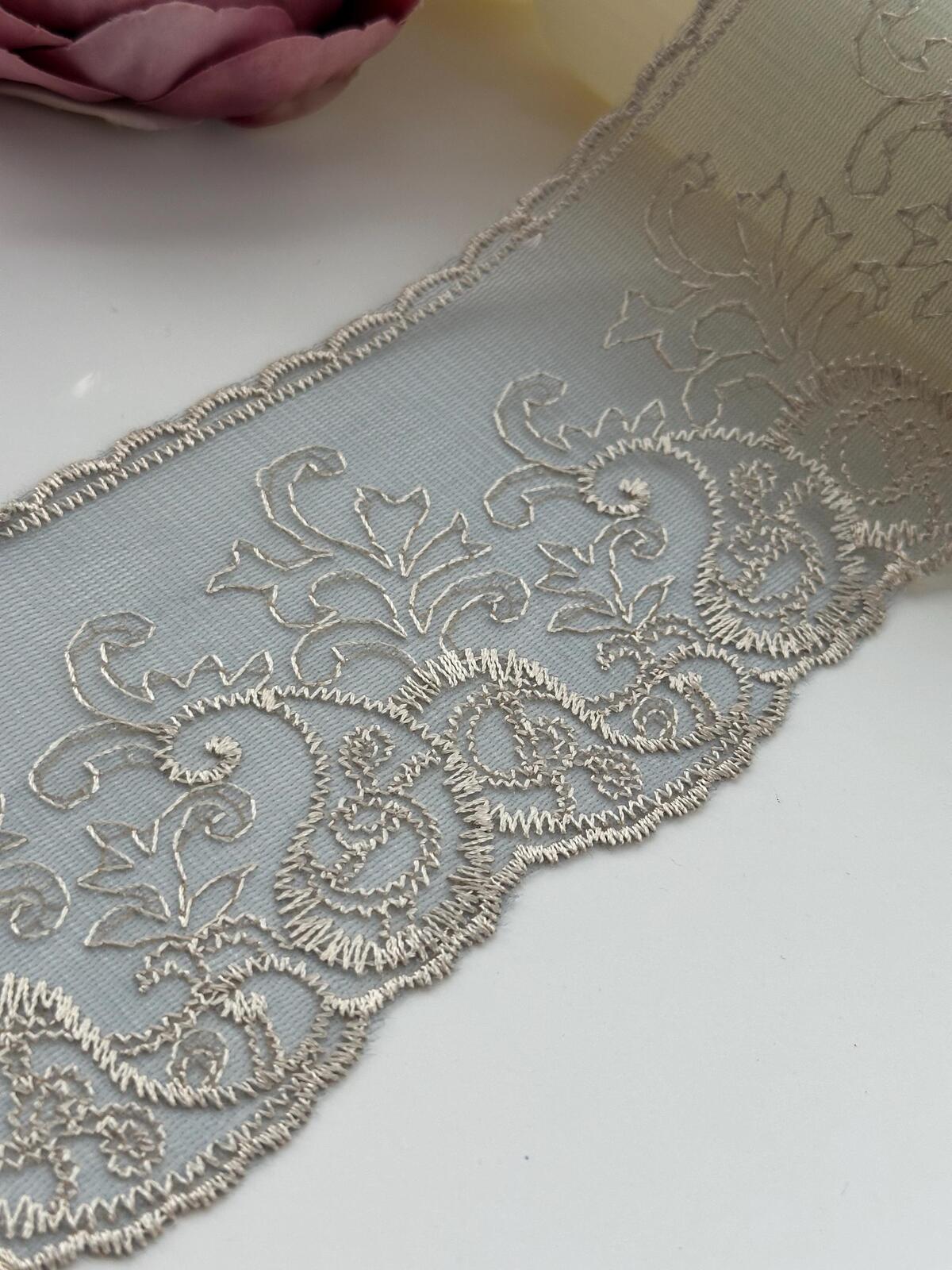1Yd Non-Stretch 3.7" Dusty Blue Beige Embroidered Floral Mesh Lace Wholesale