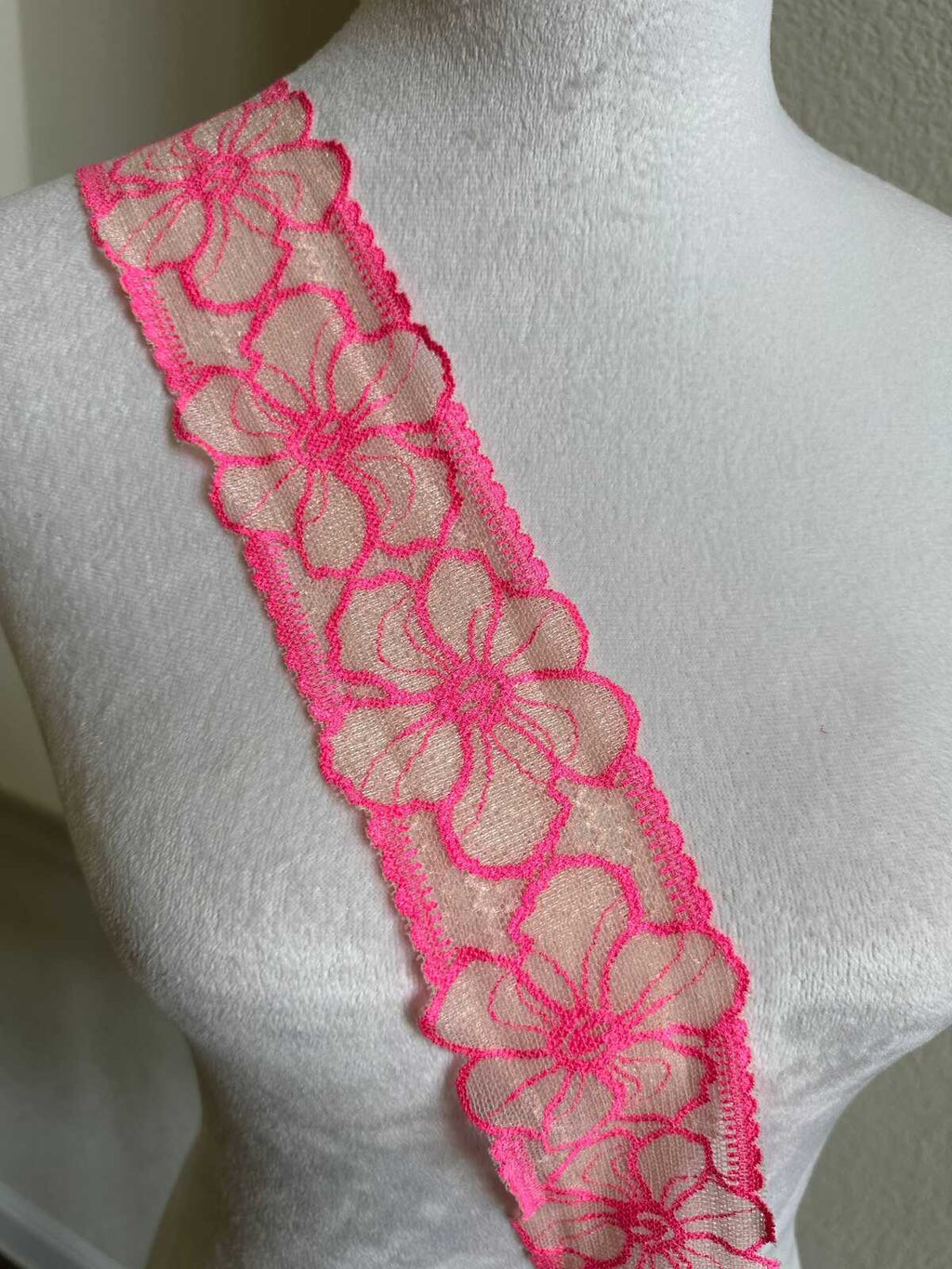 10 yds Neon Pink Floral Lace Trim 2.25 Inch Wide Slightly Stretch Elastic Ribbon by the Yard for Lingerie Doll Making Sewing Crafting