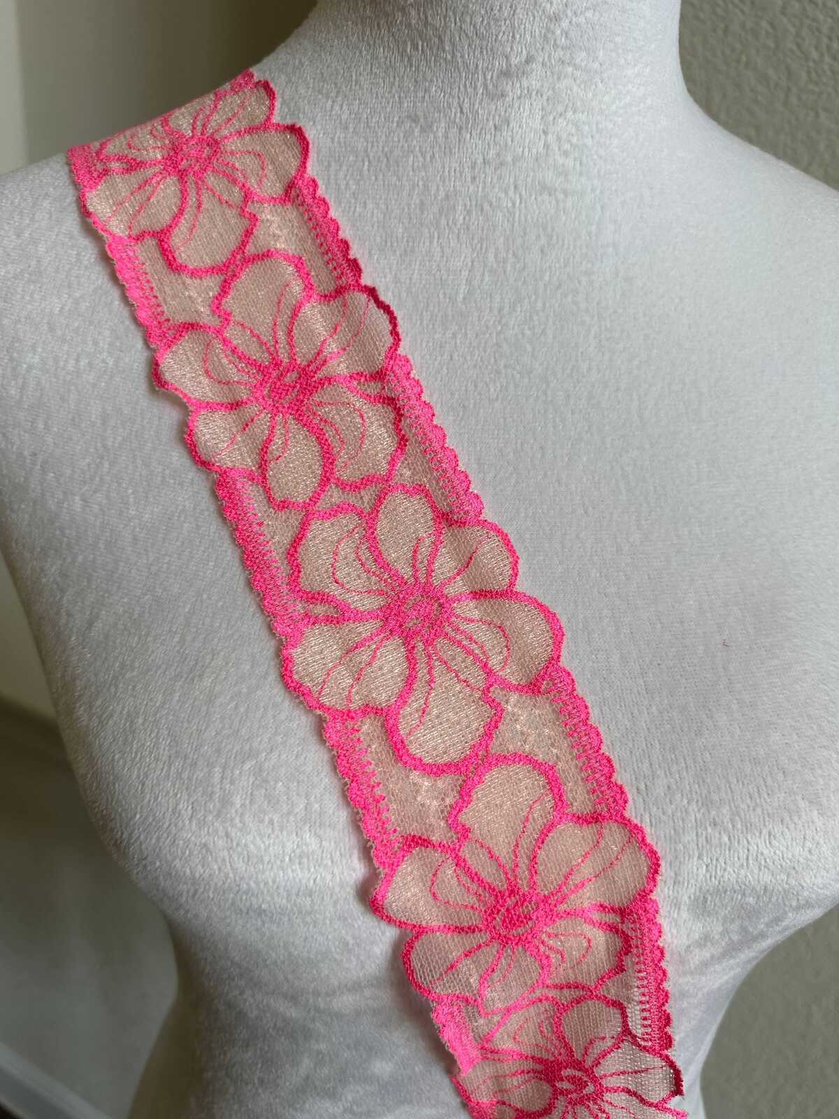 10 yds Neon Pink Floral Lace Trim 2.25 Inch Wide Slightly Stretch Elastic Ribbon by the Yard for Lingerie Doll Making Sewing Crafting