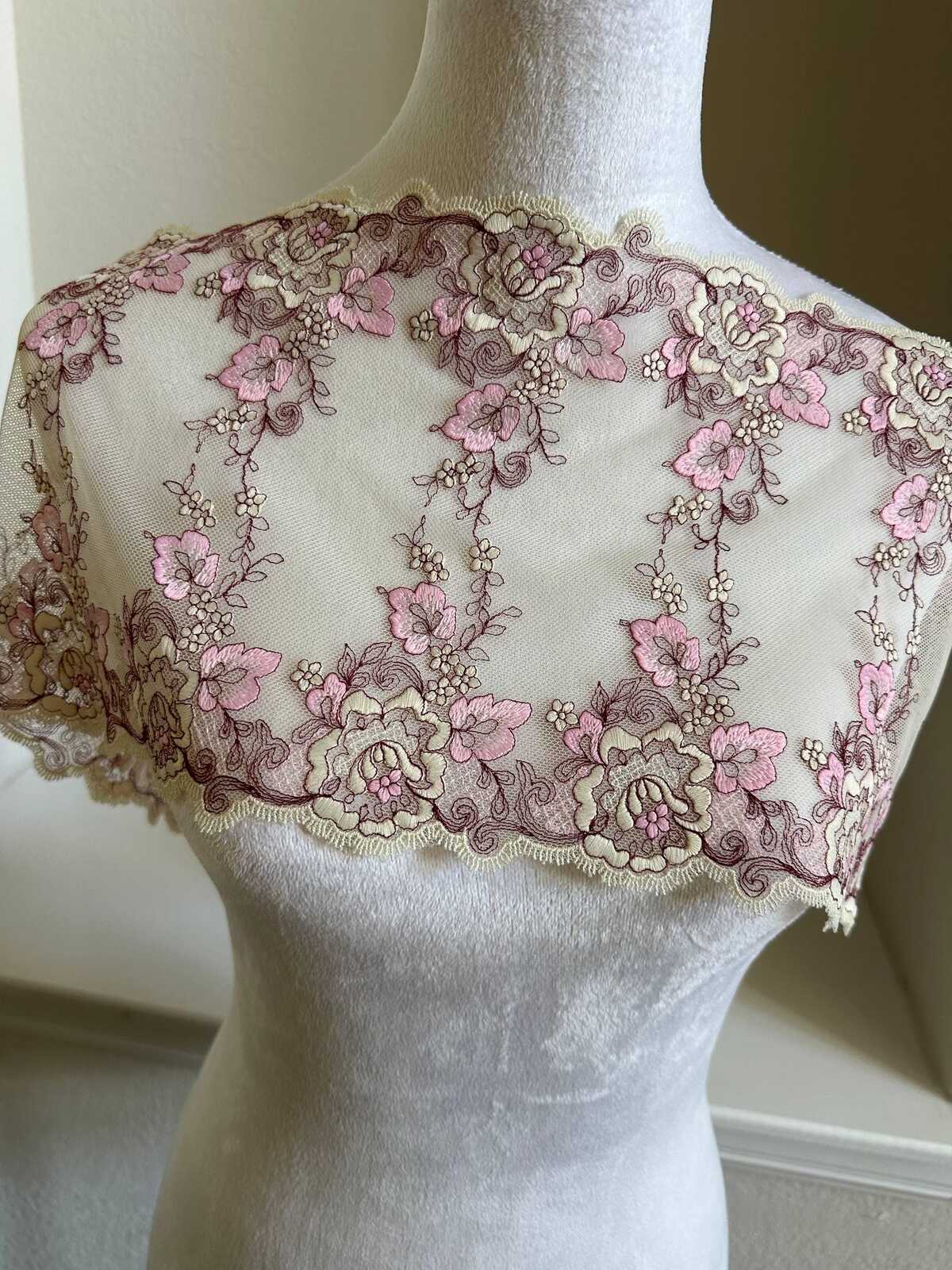 7.5 Inch Wide Soft Mesh Lace Trim, Pink Floral Eyelash Tulle Ribbon for Sewing, Luxurious Bridal Craft