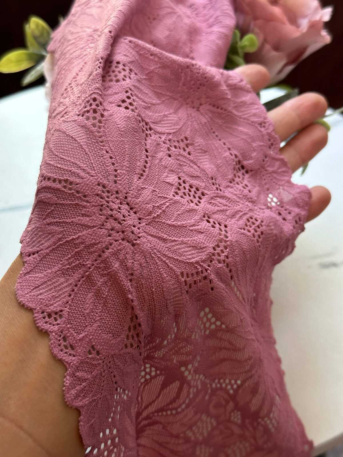 Dusty Rose Pink Floral Stretch Elastic Lace Trim Symmetrical Double Scalloped Wide Galloon Ribbon for Lingerie Underwear Crafts Sewing, 6"