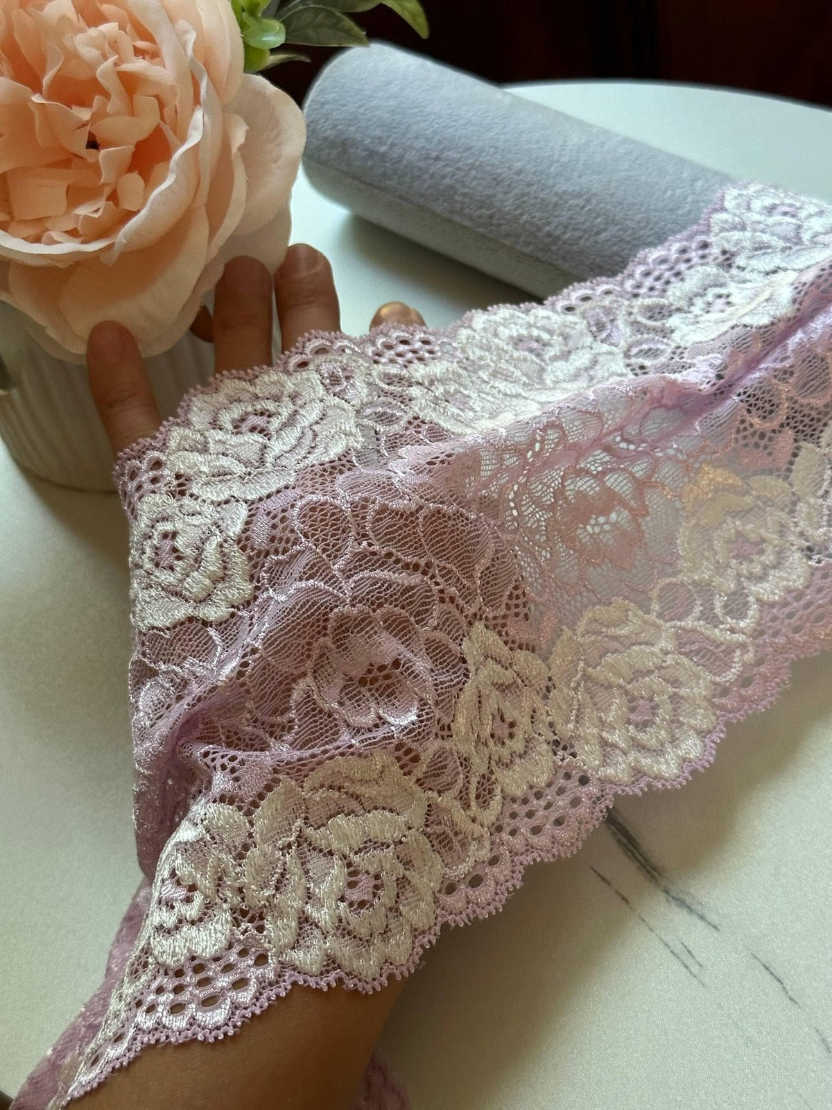 Soft Lavender Pink Two Tone Wide Floral Stretch Lace Trim by the Yard, Scalloped Elastic Ribbon, 5.7", Retail Wholesale Bulk