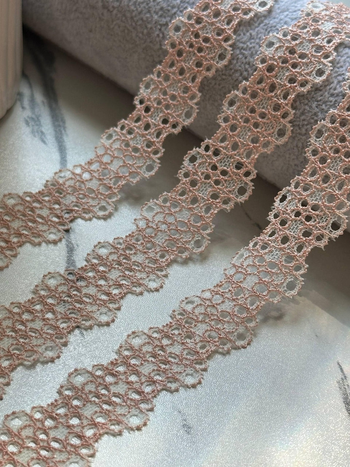 10yds Two Tone Pink Cream Stretch Lace Trim by Yard, Elastic Ribbon, Coquette Craft Supply, 0.85", Retail Wholesale Bulk