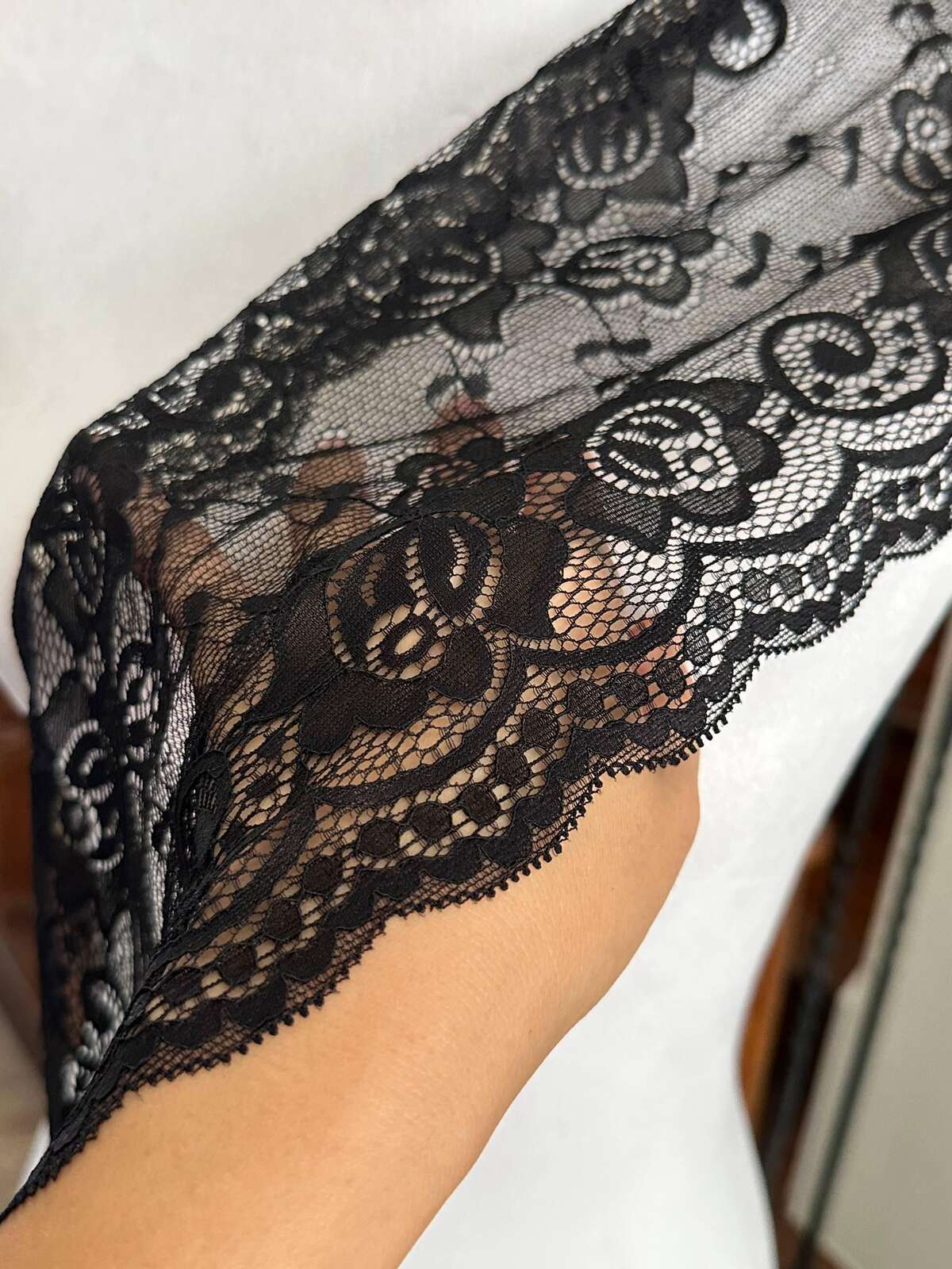 Black Floral Wide Slight Stretch Lace Trim, Gentle Elastic Ribbon, Coquette Craft Supply, 7.5", Retail Wholesale Bulk