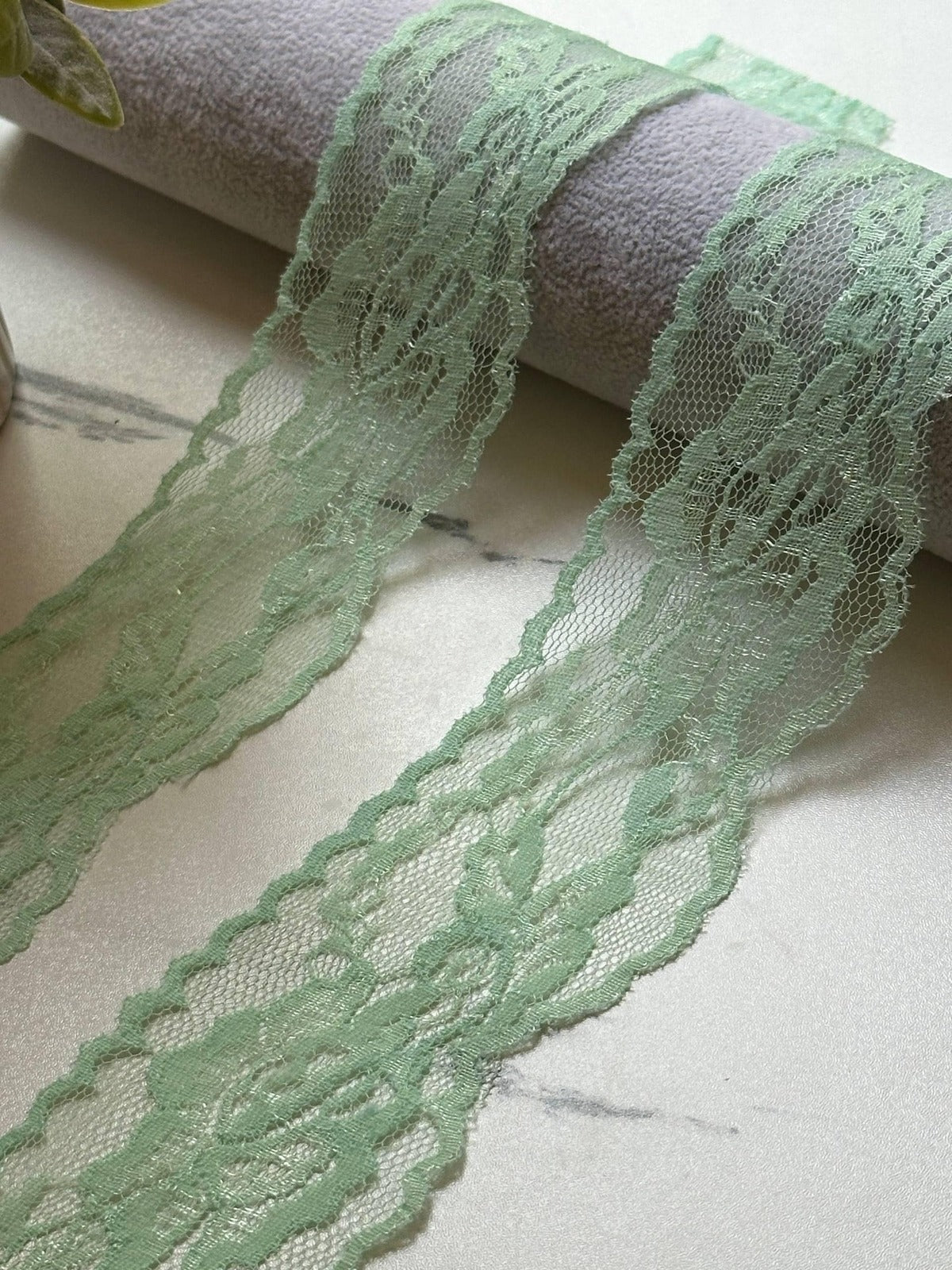 10yds Mint Sage Green Floral Non Stretch Rigid Lace Trim by the Yard, Wide Scalloped Galloon Ribbon for Bridal Crafts, 2"