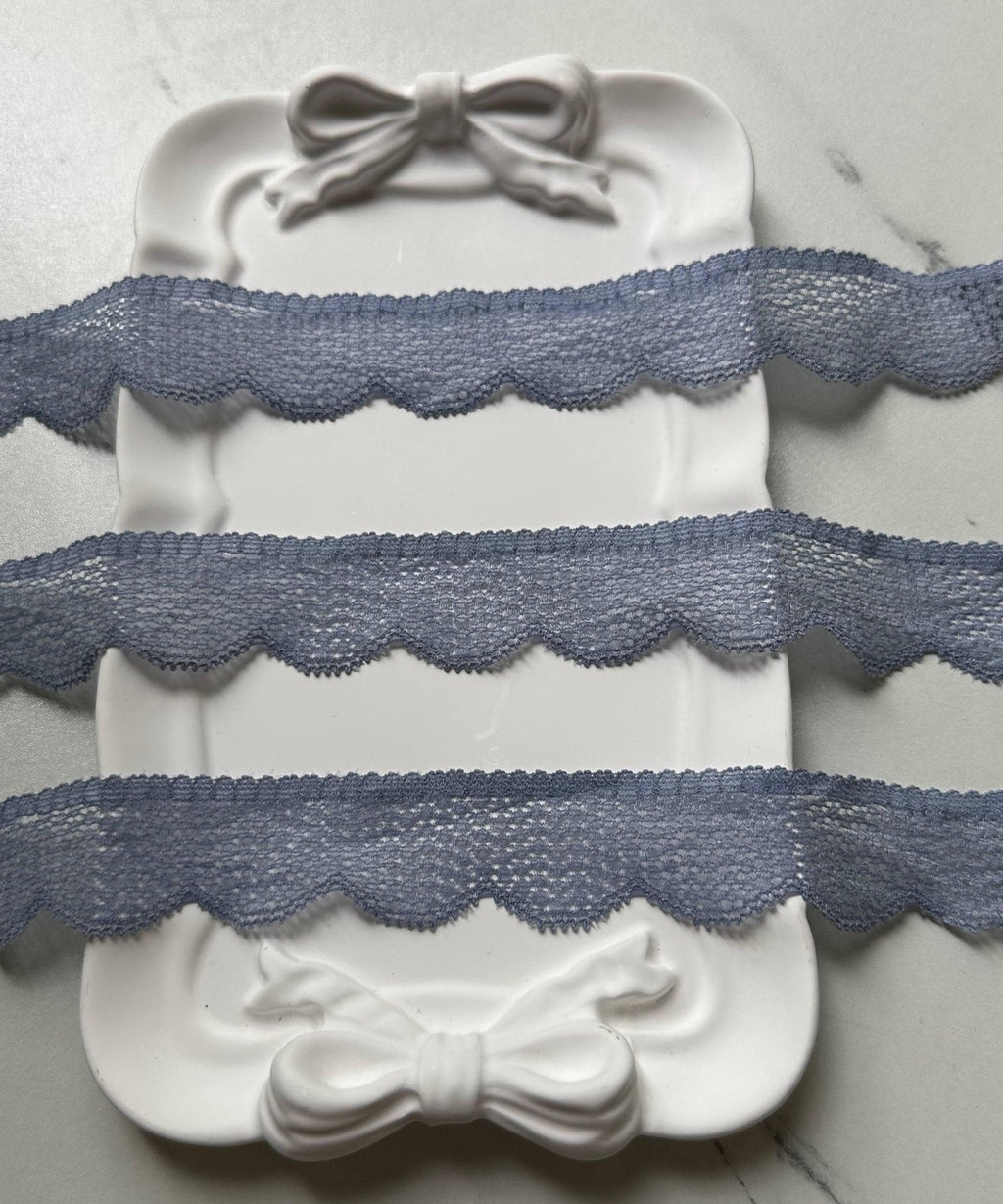 10yds Dusty Slate Blue Gray Point d'Esprit Dot Stretch Elastic Lace Trim Symmetrical Double Scalloped Narrow Ribbon for Lingerie Crafts, 1"