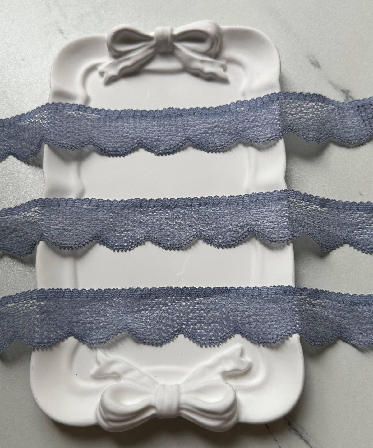 10yds Dusty Slate Blue Gray Point d'Esprit Dot Stretch Elastic Lace Trim Symmetrical Double Scalloped Narrow Ribbon for Lingerie Crafts, 1"