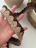 5Yds Non-Stretch 1.4" Brown Pleated Satin Water Soluble Lace Trim, Wholesale