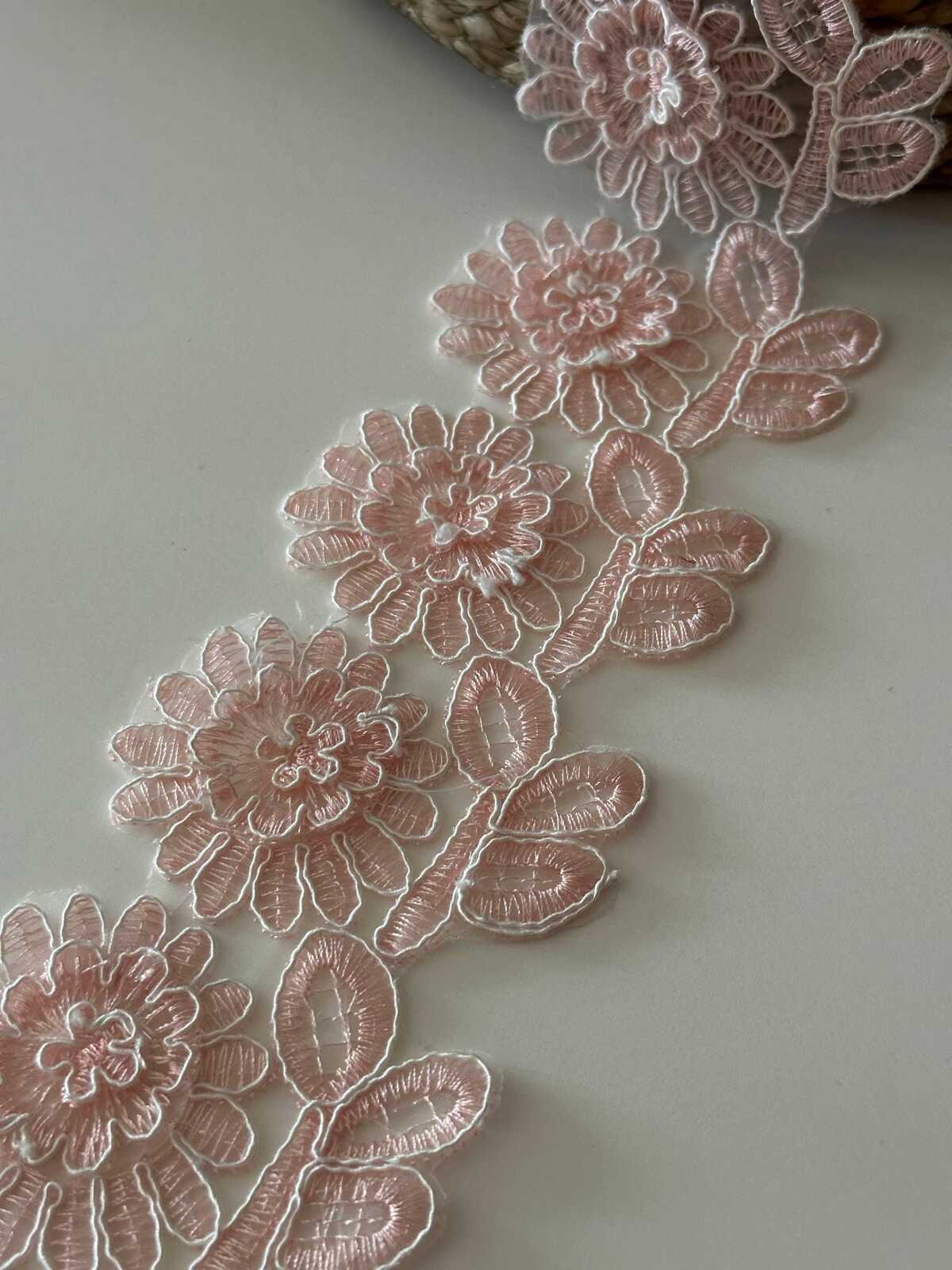 1Yard Pink Corded Floral Lace Trim, 2.5" 3D Embroidered Ribbon, Bulk Clearance Coquette Y2K Lace, Garment Trim, DIY Sewing, Retail Wholesale