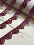 10yds Muted Burgundy Wine Geometric Stretch Elastic Lace Trim, Single Scalloped Narrow Ribbon for Lingerie Underwear Sewing Crafts, 0.5"