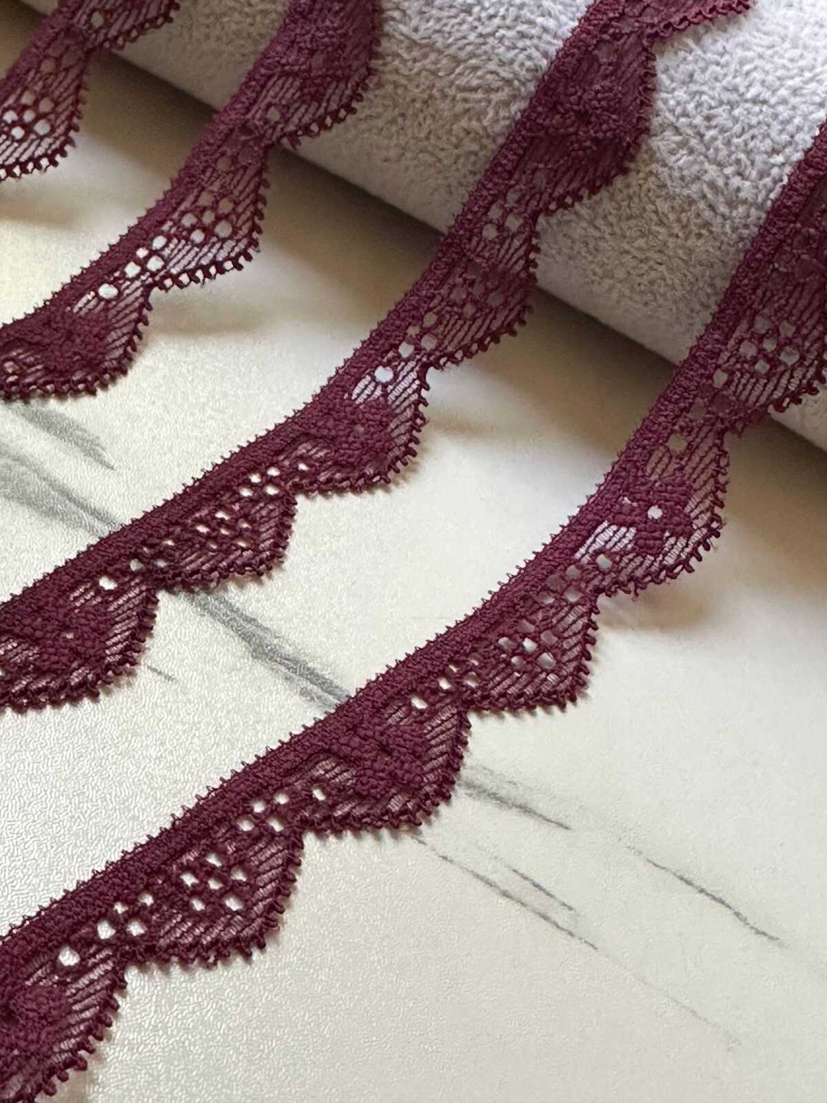 10yds Muted Burgundy Wine Geometric Stretch Elastic Lace Trim, Single Scalloped Narrow Ribbon for Lingerie Underwear Sewing Crafts, 0.5"