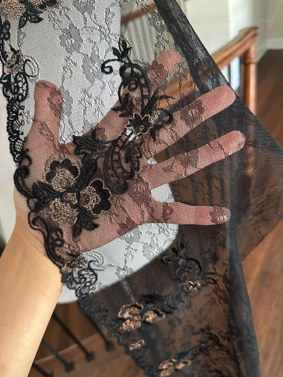 1Yd Non-Stretch 10" Black Floral Chantilly Embroidered Lace Trim, Wholesale